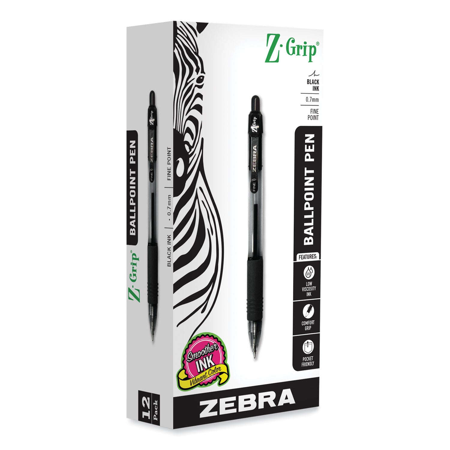 Zebra® Z-Grip Ballpoint Pen, Retractable, Medium 0.7 mm, Black Ink, Clear/Black Barrel, 12/Pack