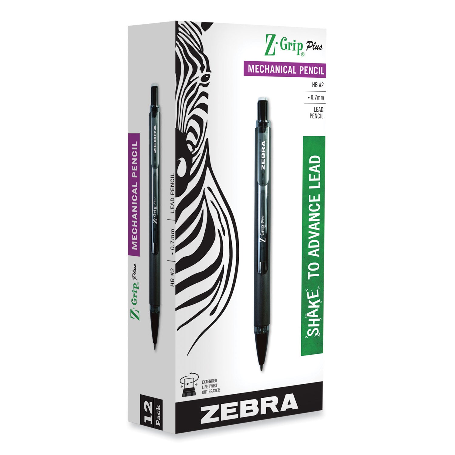 Zebra® Z-Grip Plus Mechanical Pencil, 0.7 mm, HB (#2), Black Lead, Assorted Barrel Colors, Dozen