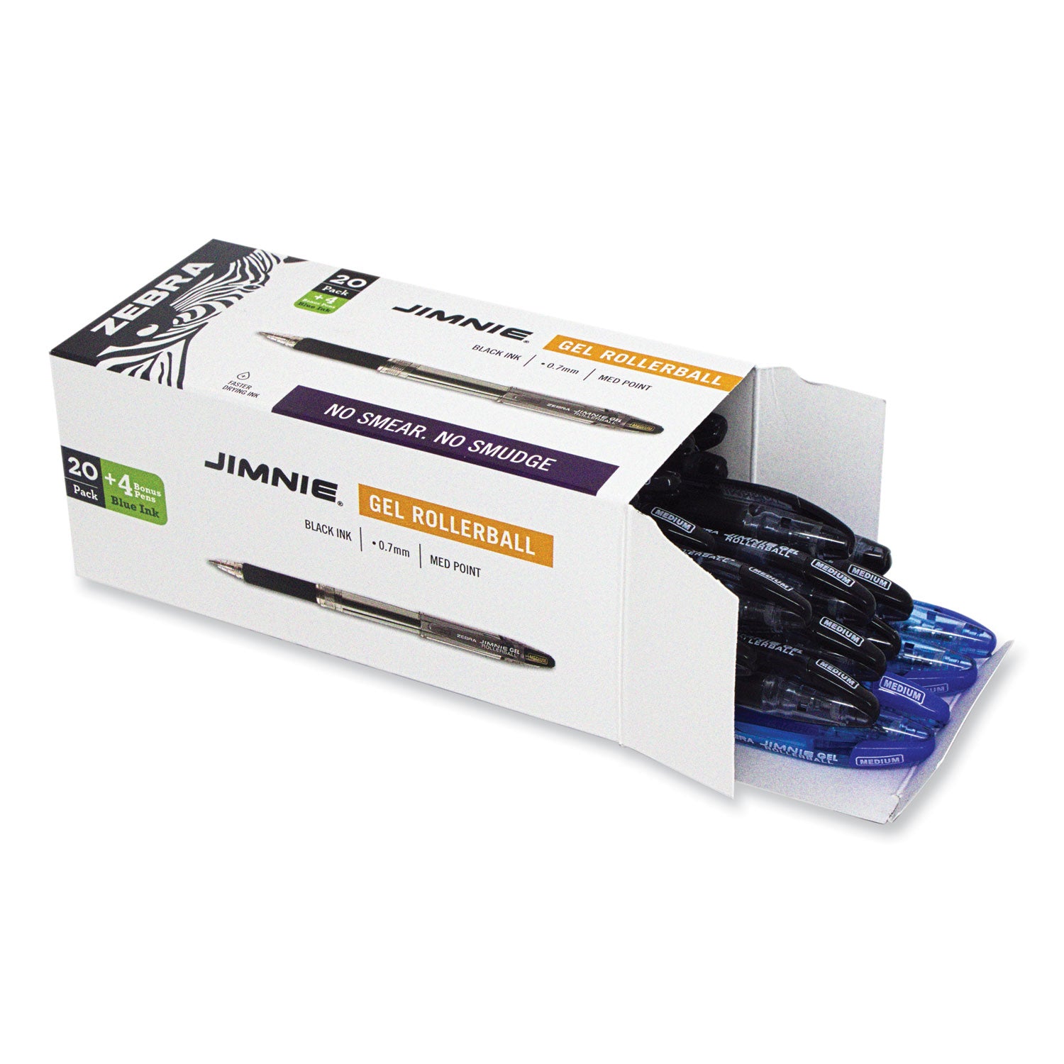 Zebra® Jimnie Gel Pen Value Pack, Stick, Medium 0.7 mm, Black Ink, Clear/Black Barrel, 24/Box