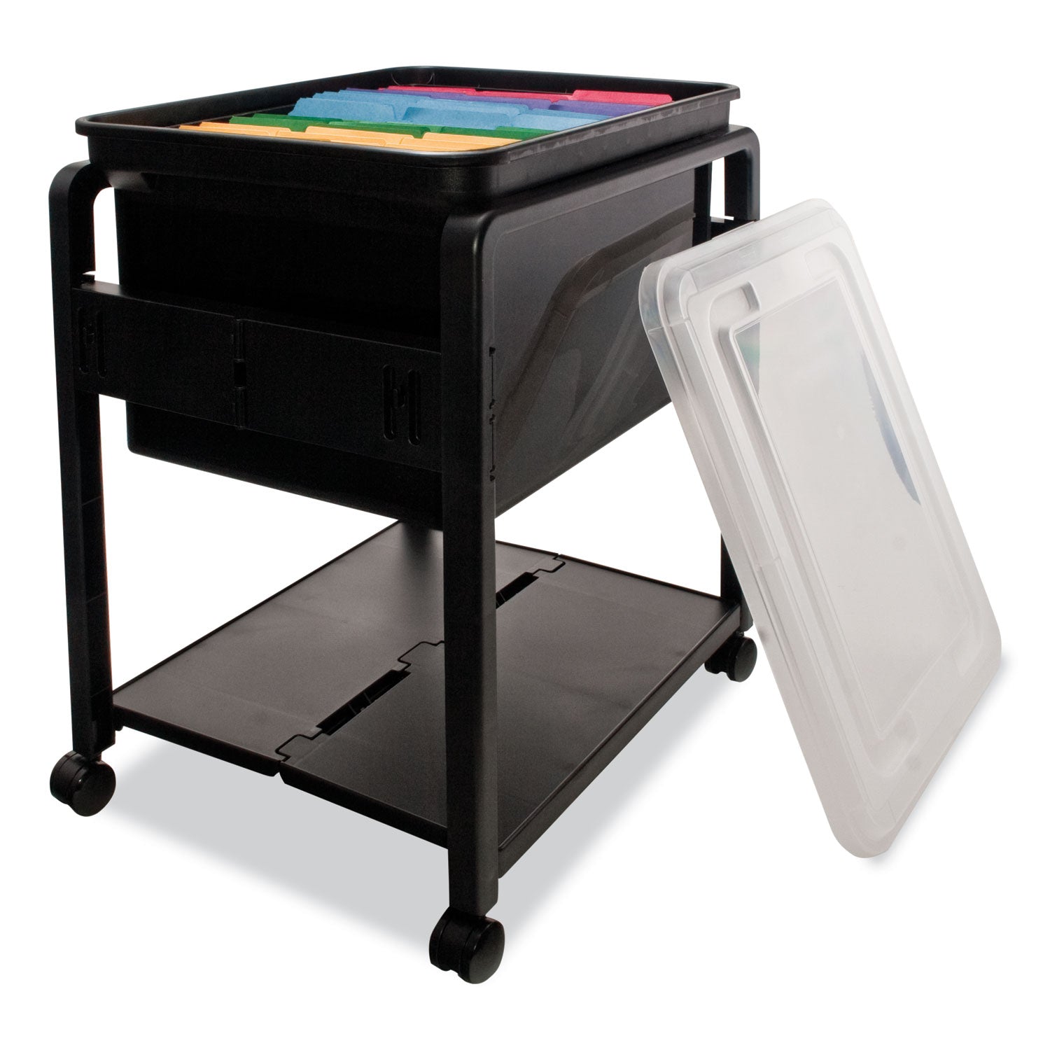 Advantus Folding Mobile File Cart, Plastic, 1 Shelf, 1 Bin, 14.5" x 18.5" x 21.75", Black