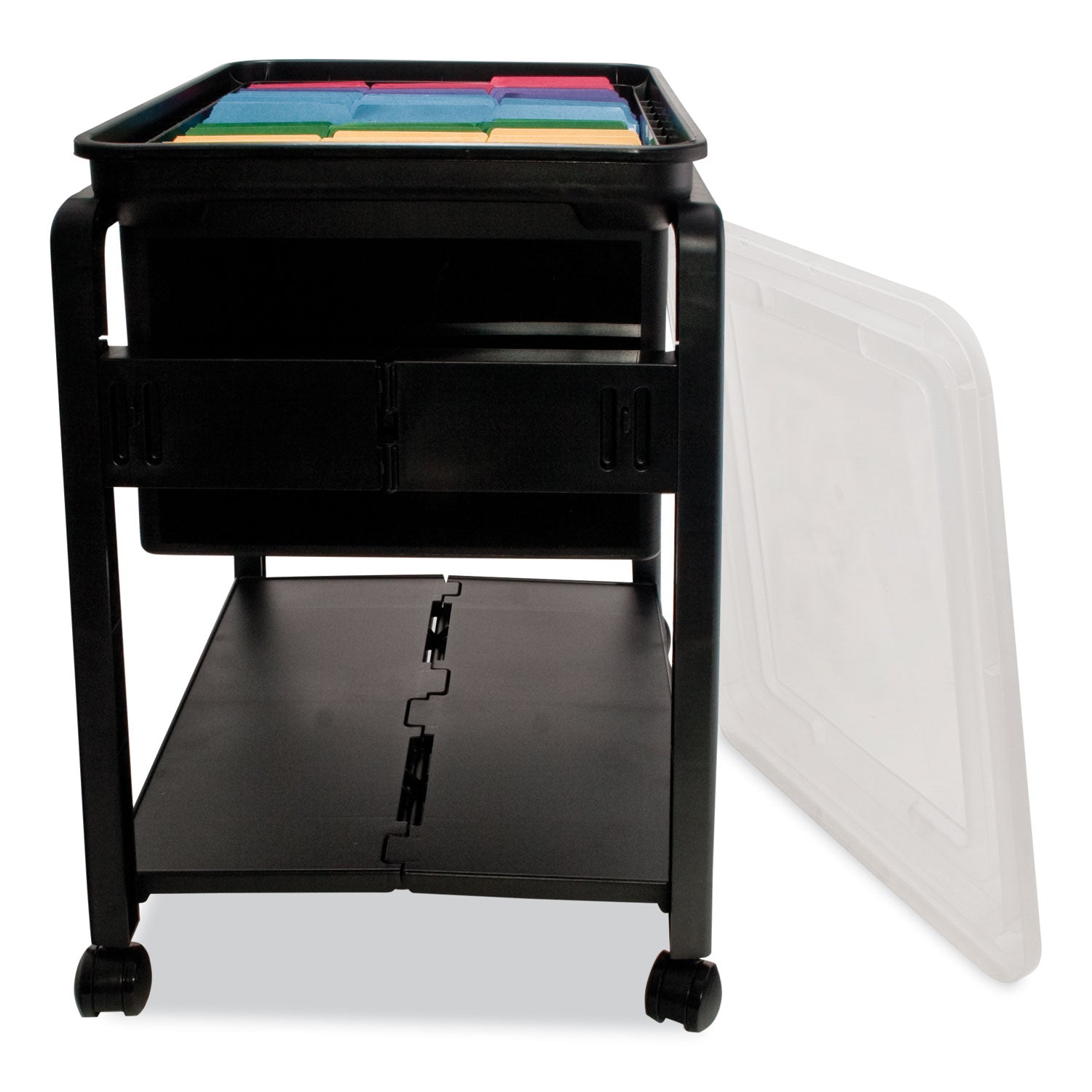 Advantus Folding Mobile File Cart, Plastic, 1 Shelf, 1 Bin, 14.5" x 18.5" x 21.75", Black