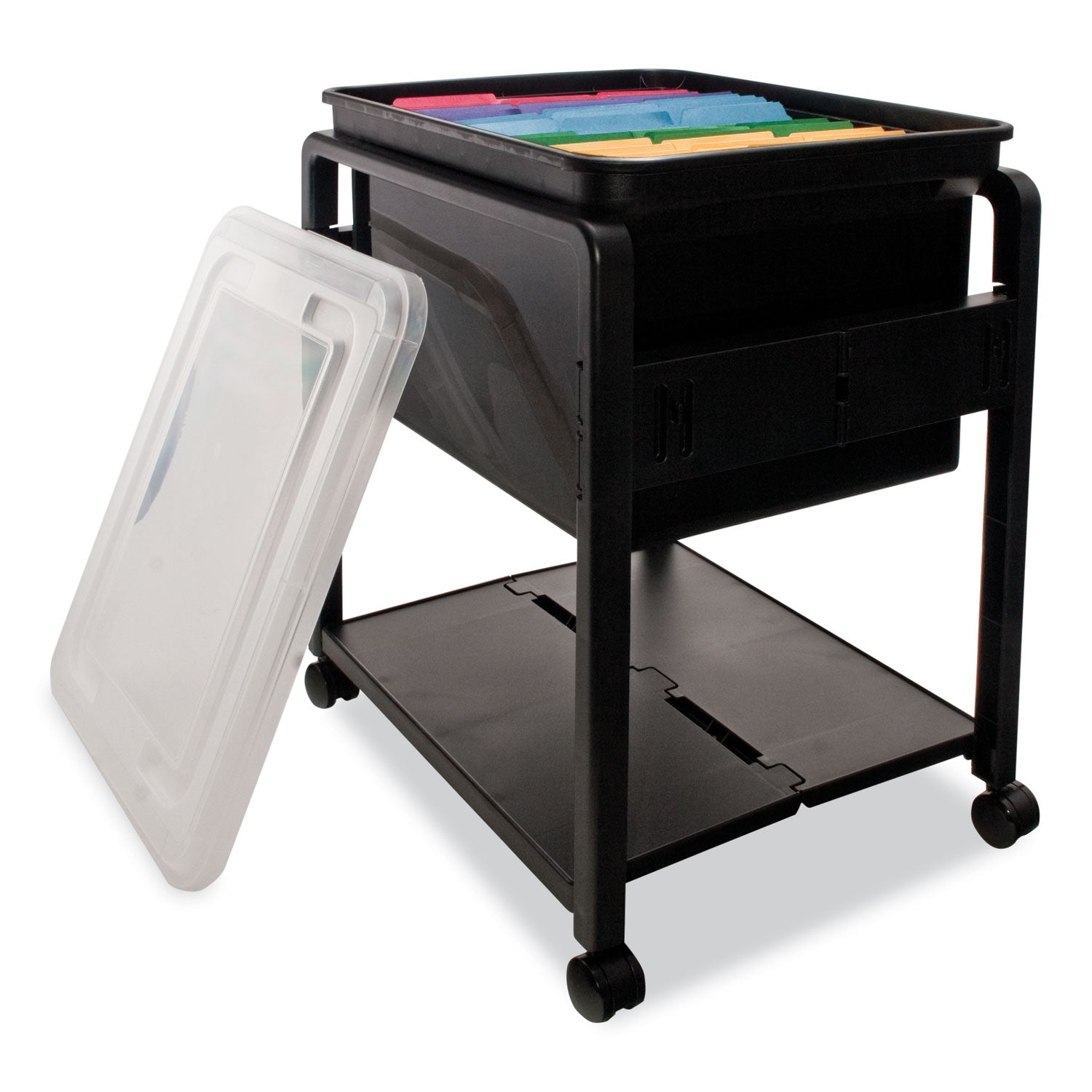 Advantus Folding Mobile File Cart, Plastic, 1 Shelf, 1 Bin, 14.5" x 18.5" x 21.75", Black