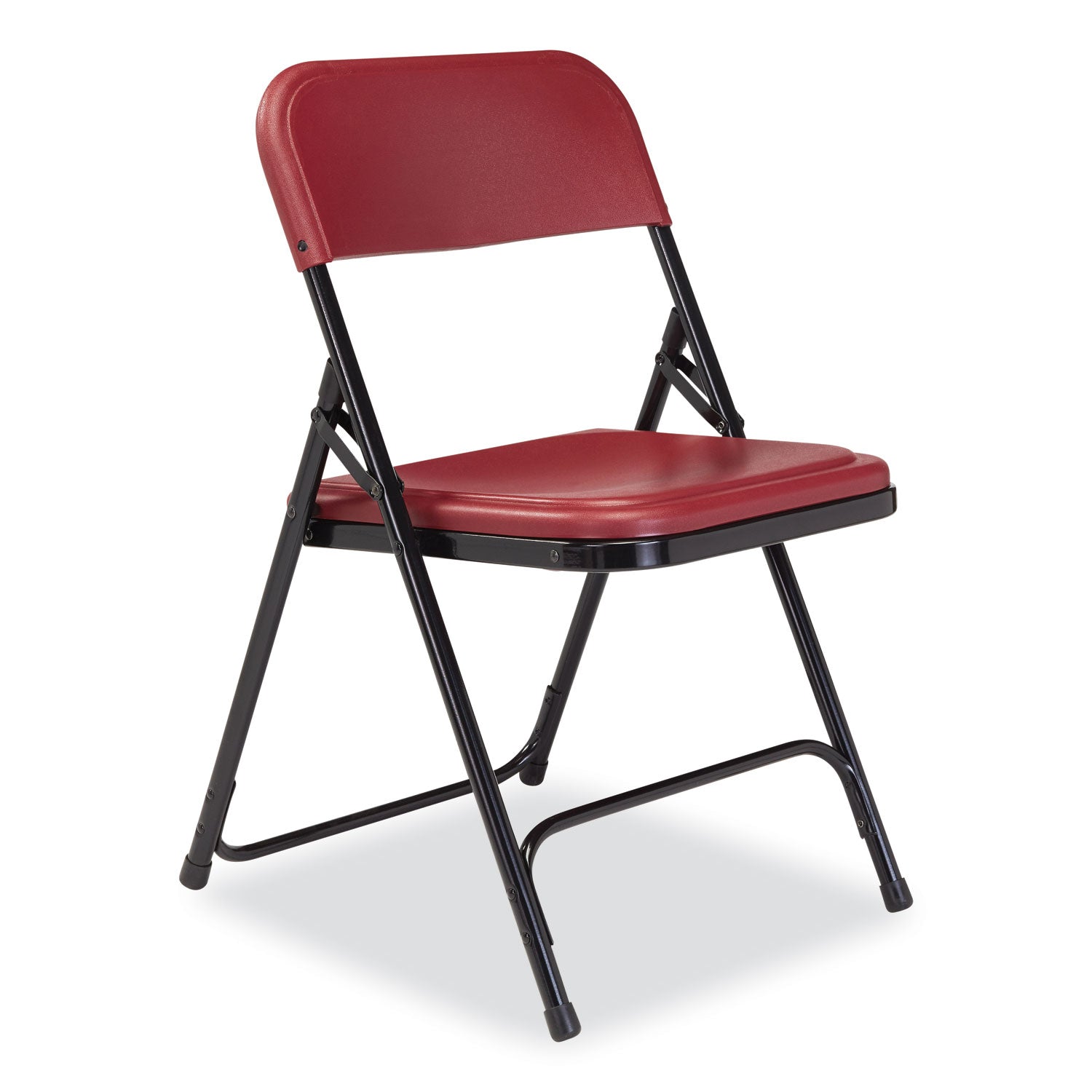 NPS® 800 Series Plastic Folding Chair, Supports Up to 500 lb, 18" Seat Height, Burgundy Seat, Burgundy Back, Black Base, 4/Carton