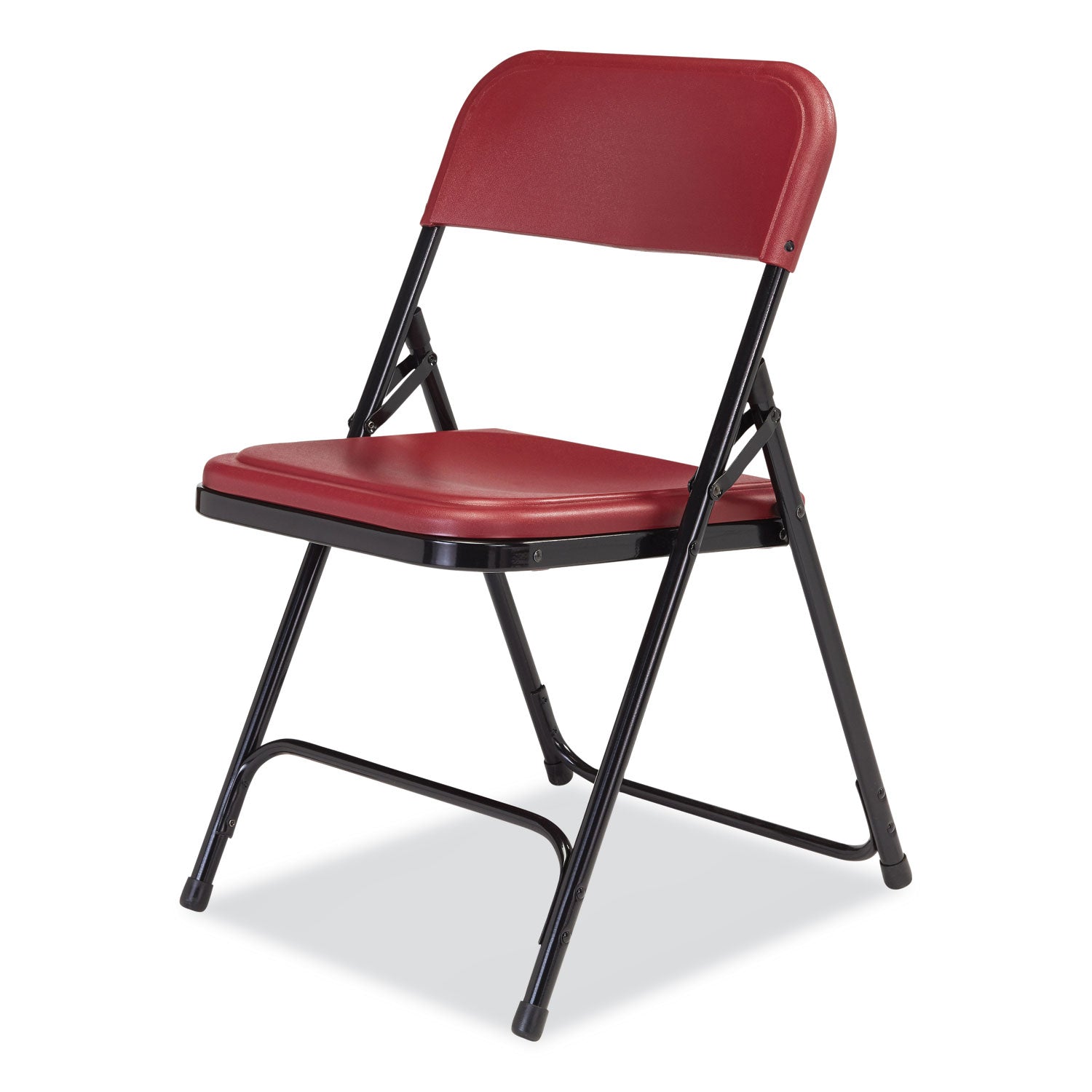 NPS® 800 Series Plastic Folding Chair, Supports Up to 500 lb, 18" Seat Height, Burgundy Seat, Burgundy Back, Black Base, 4/Carton