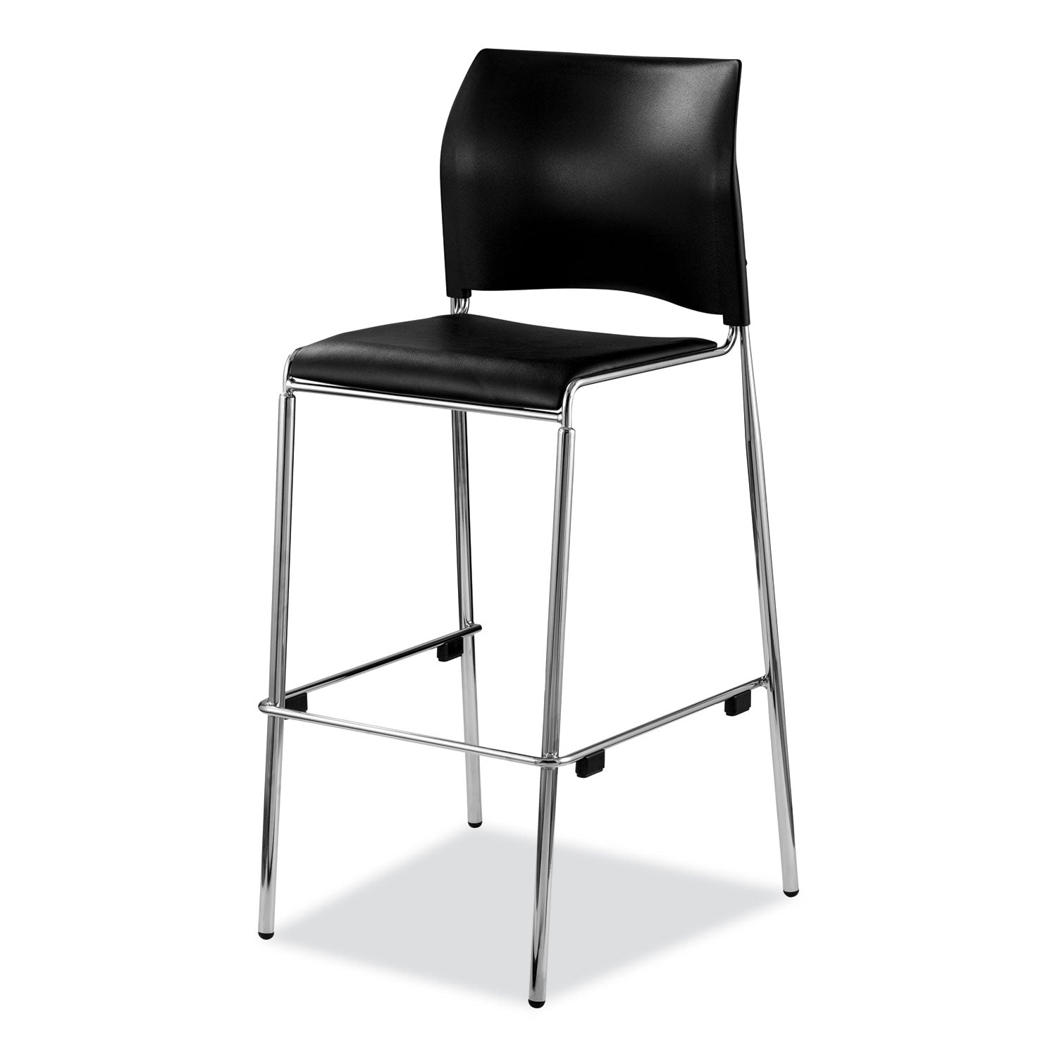 Cafetorium Bar Height Stool, Padded Seat/Back, Supports Up to 500 lb, 31" Seat Height, Black Seat, Black Back,Chrome Base