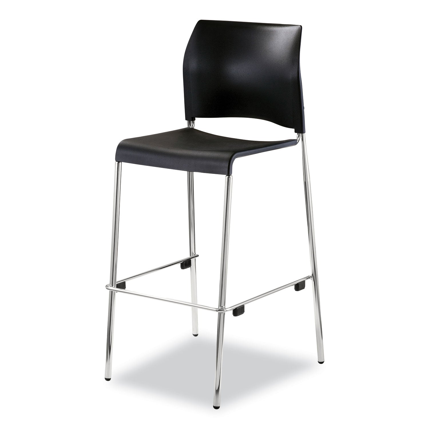 Cafetorium Bar Height Stool, Supports Up to 500 lb, 31" Seat Height, Black Seat, Black Back, Chrome Base