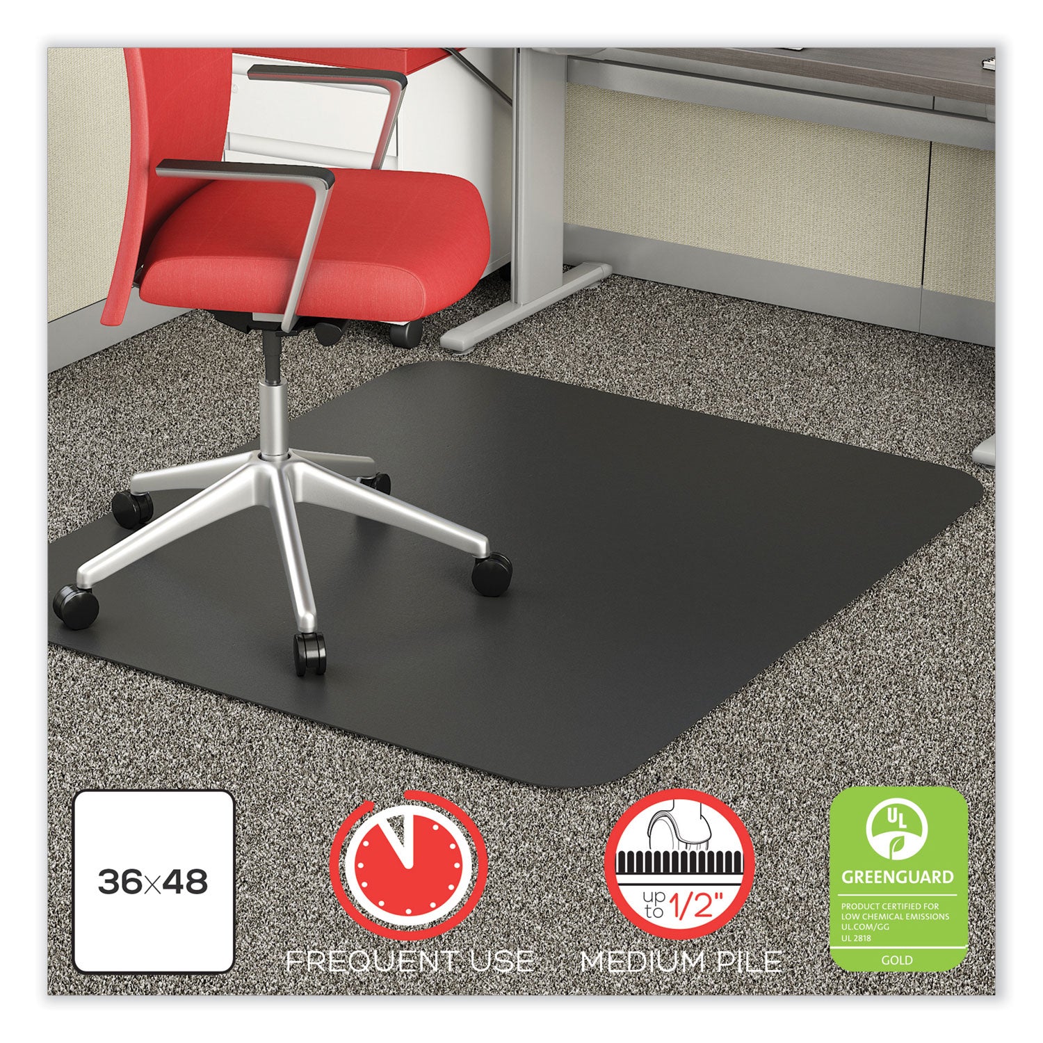 deflecto® SuperMat Frequent Use Chair Mat for Medium Pile Carpet, 36 x 48, Rectangular, Black