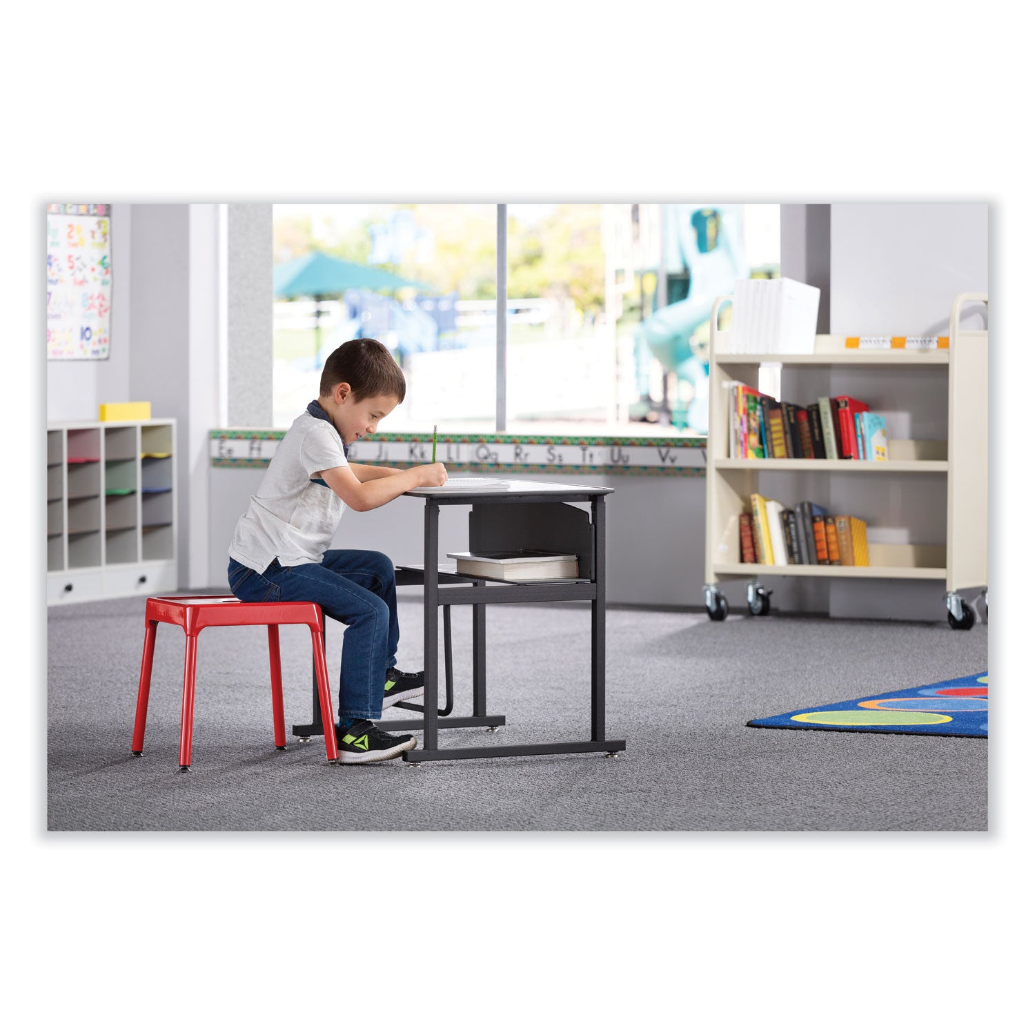 Safco® Steel Guest Stool, Backless, Supports Up to 275 lb, 15" to 15.5" Seat Height, Red Seat, Red Base