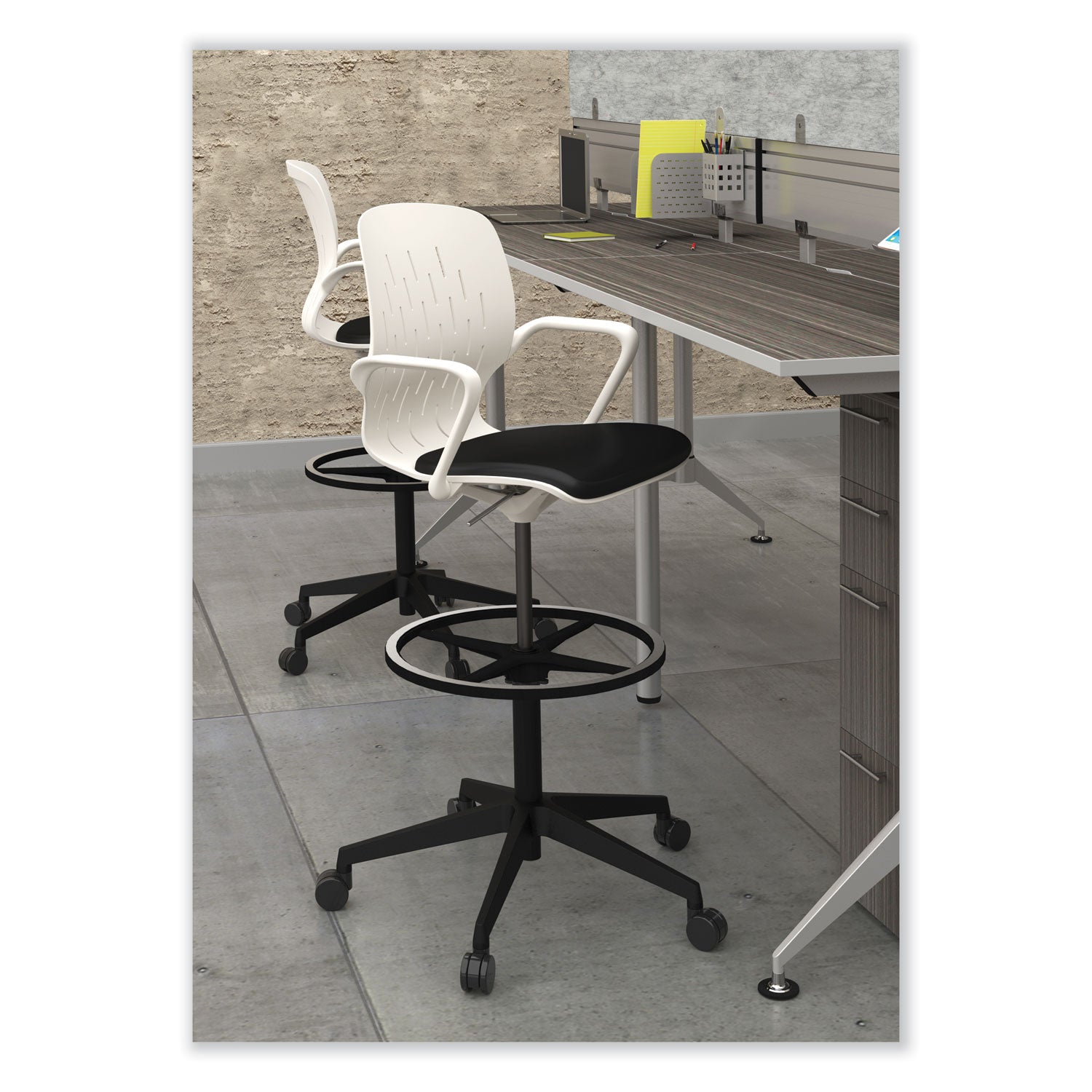 Safco® Shell Extended-Height Chair, Supports Up to 275 lb, 22" to 32" Seat Height, Black/White Seat, White Back, Black Base