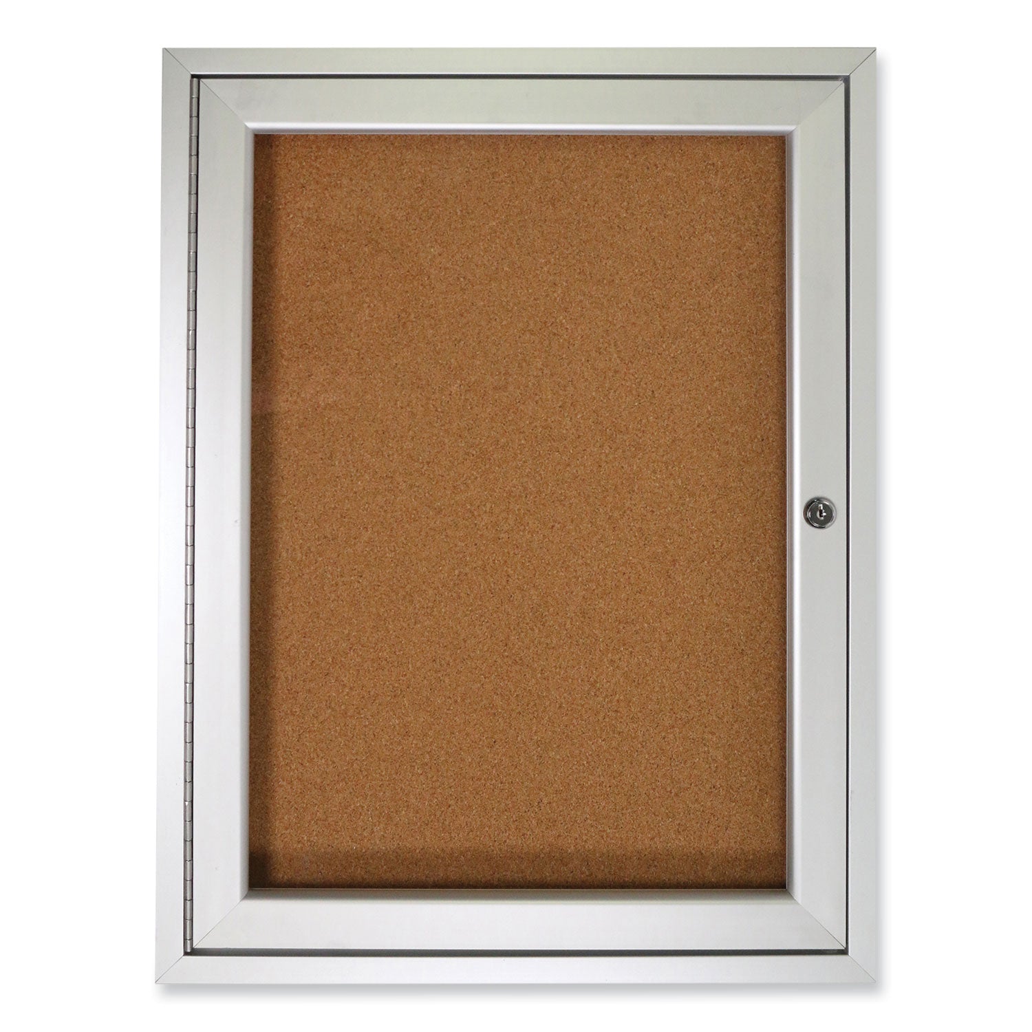 1 Door Enclosed Natural Cork Bulletin Board with Satin Aluminum Frame, 36 x 36, Tan Surface