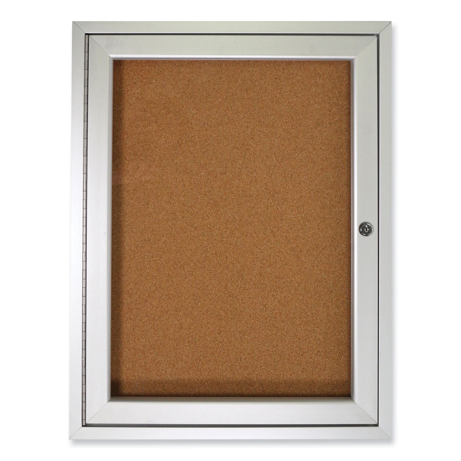 1 Door Enclosed Natural Cork Bulletin Board with Satin Aluminum Frame, 18 x 24, Tan Surface