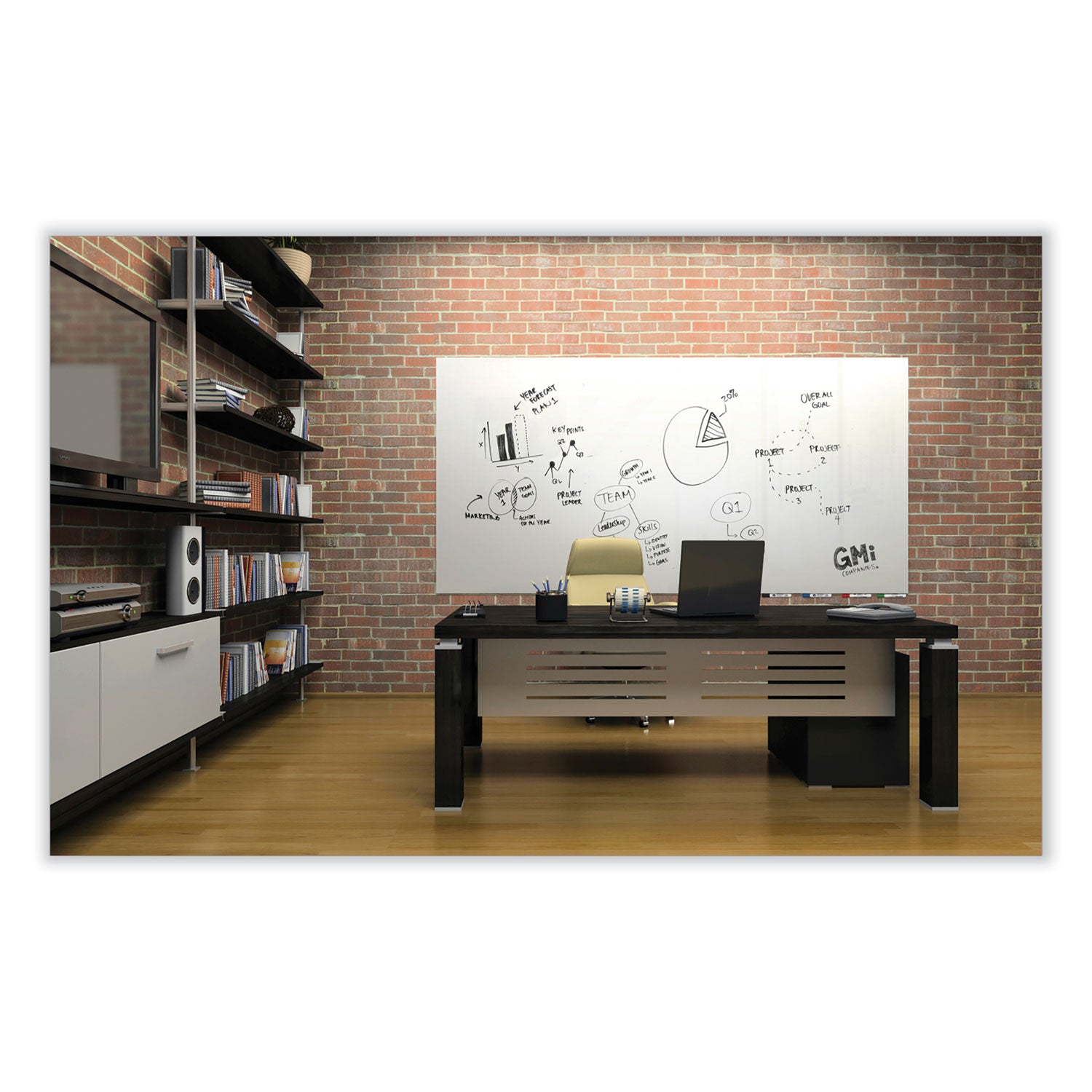 Ghent Aria Low Profile Magnetic Glass Whiteboard, 120 x 48, White Surface