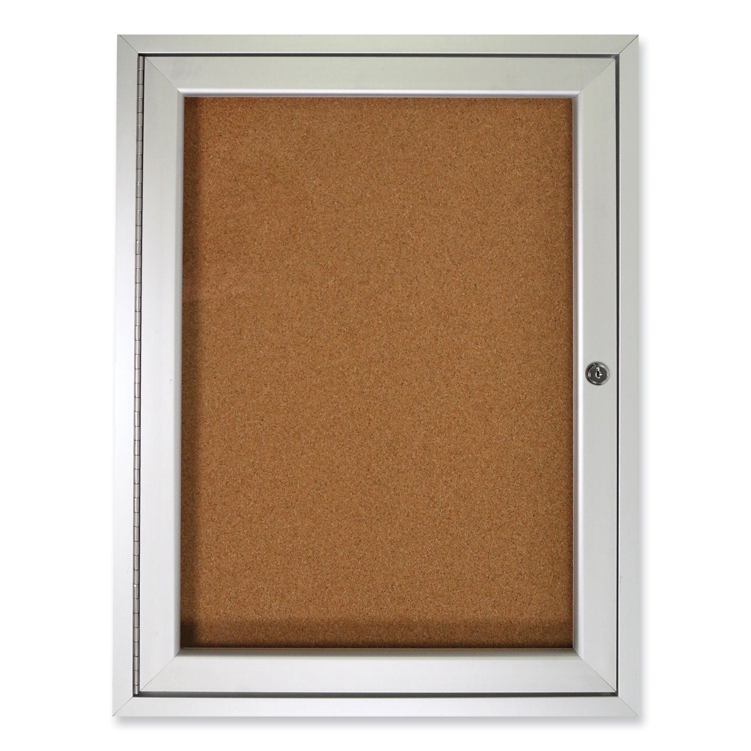 1 Door Enclosed Natural Cork Bulletin Board with Satin Aluminum Frame, 24 x 36, Tan Surface