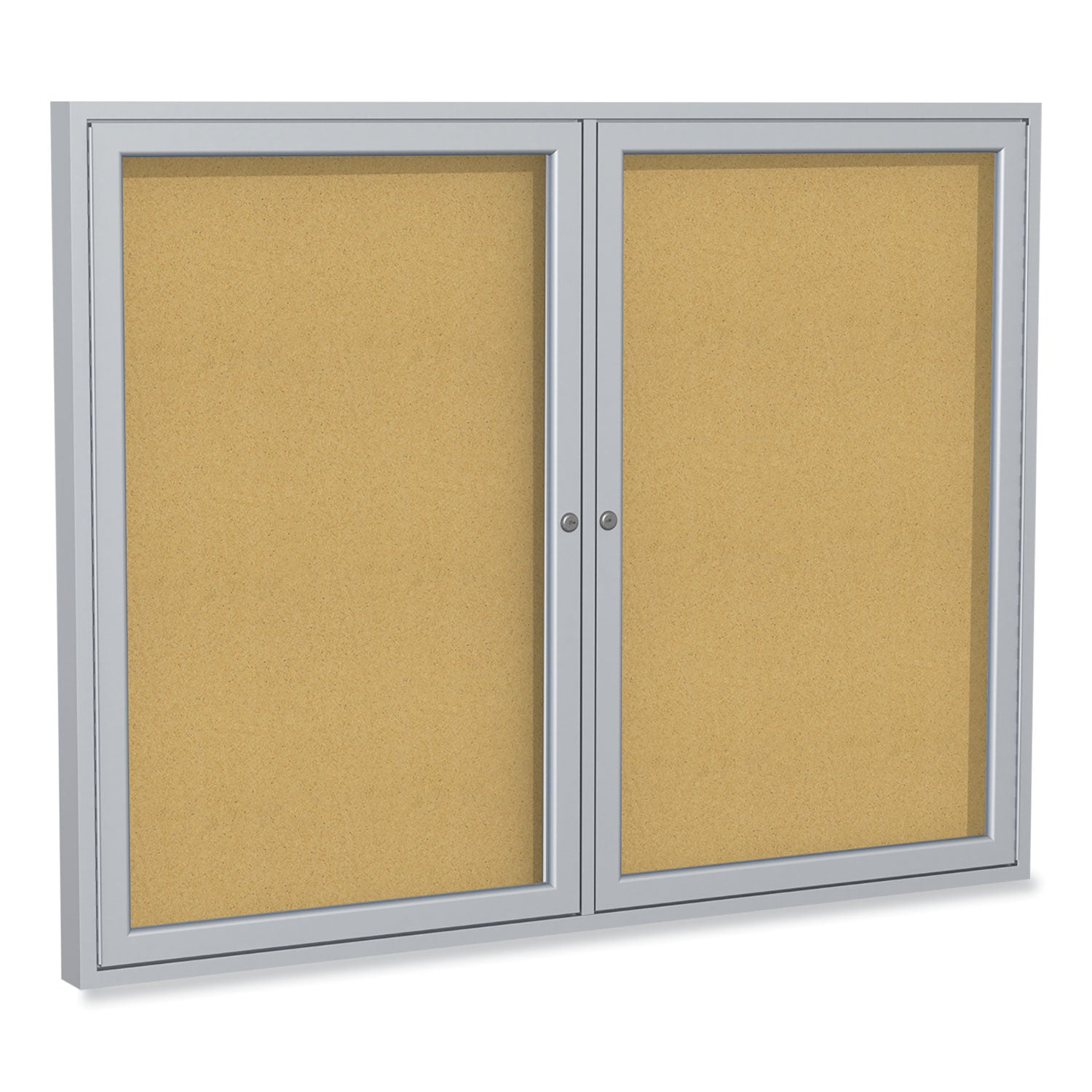 2 Door Enclosed Natural Cork Bulletin Board with Satin Aluminum Frame, 48 x 36, Tan Surface