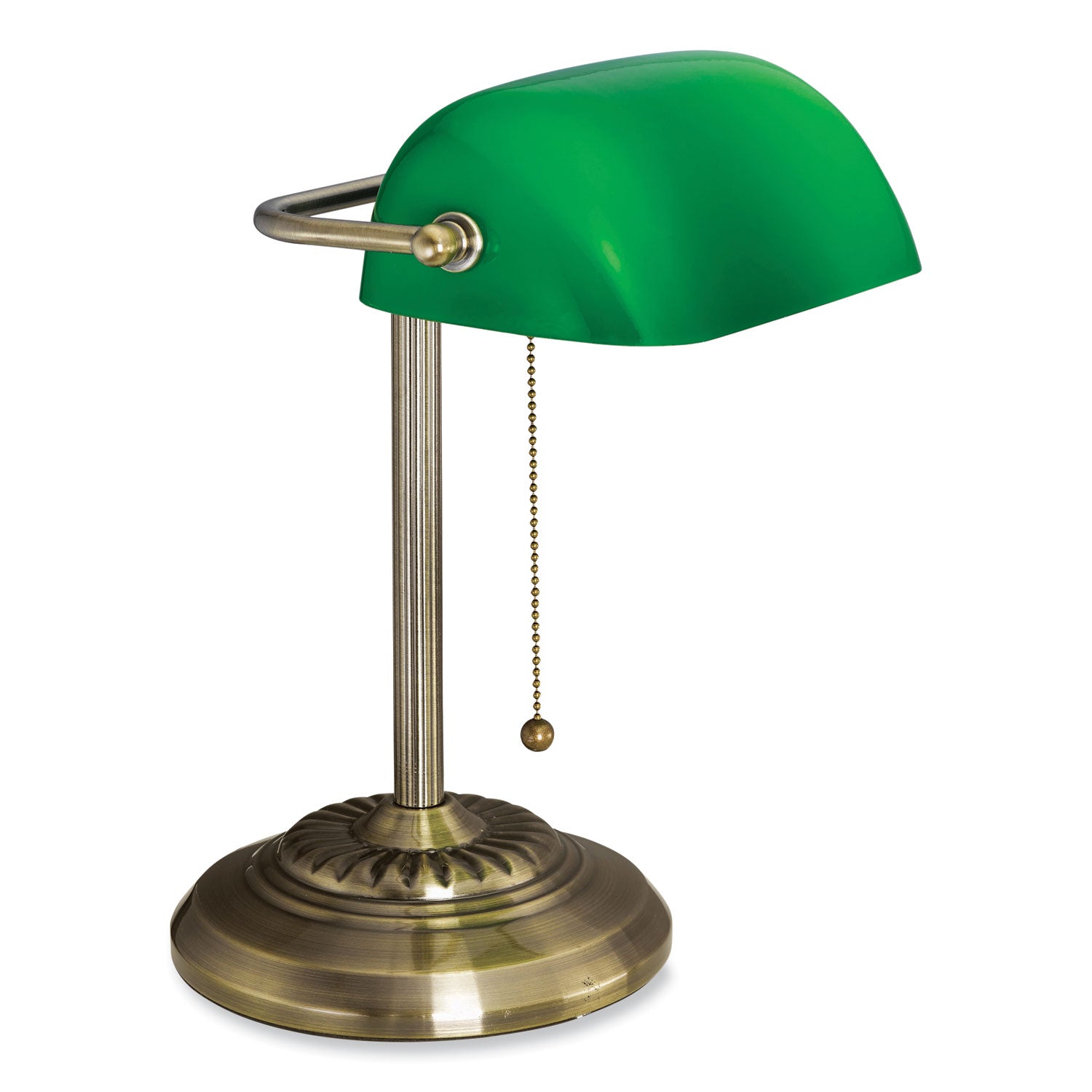 V-Light LED Bankers Lamp with Green Shade, Cable Suspension Neck, 13.5" High, Antique Brass