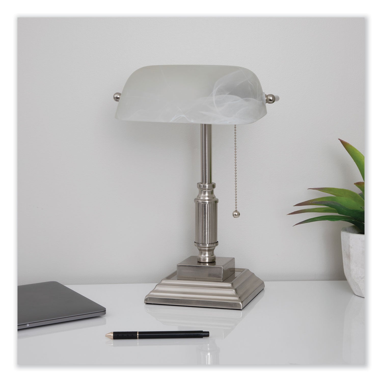 V-Light LED Bankers Lamp with Frosted Shade, 14.75" High, Brushed Nickel