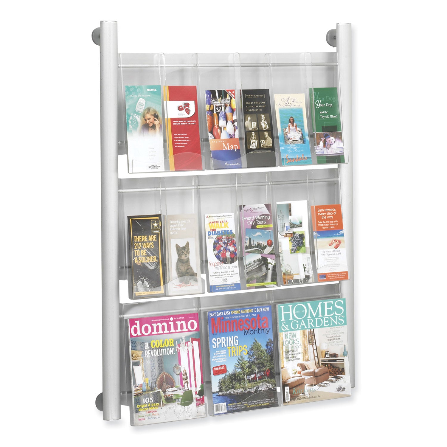 Safco® Luxe Magazine Rack, 9 Compartments, 31.75w x 5d x 41h, Clear/Silver