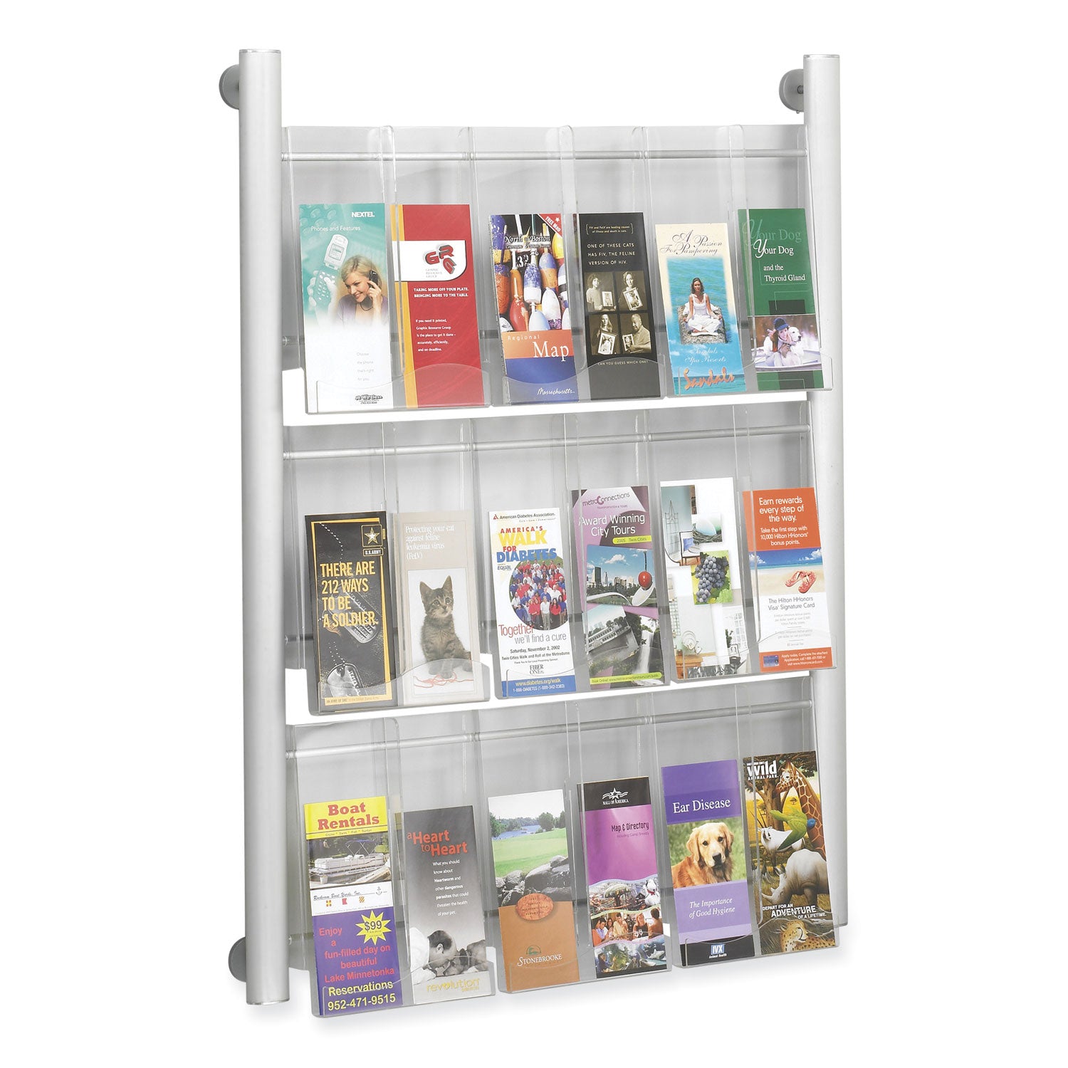 Safco® Luxe Magazine Rack, 9 Compartments, 31.75w x 5d x 41h, Clear/Silver