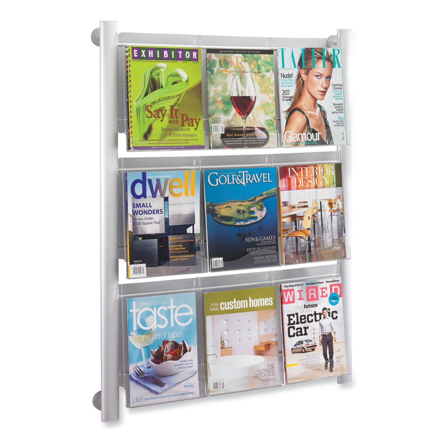 Safco® Luxe Magazine Rack, 9 Compartments, 31.75w x 5d x 41h, Clear/Silver