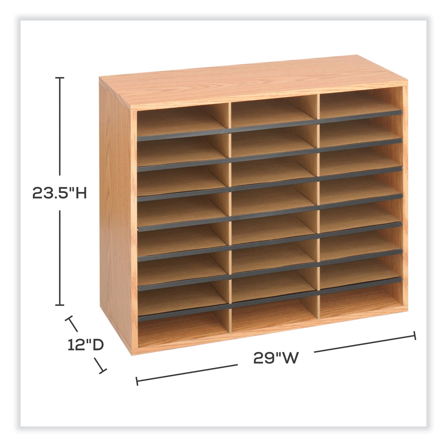 Safco® Wood/Corrugated Literature Organizer, 24 Compartments, 29 x 12 x 23.5, Medium Oak