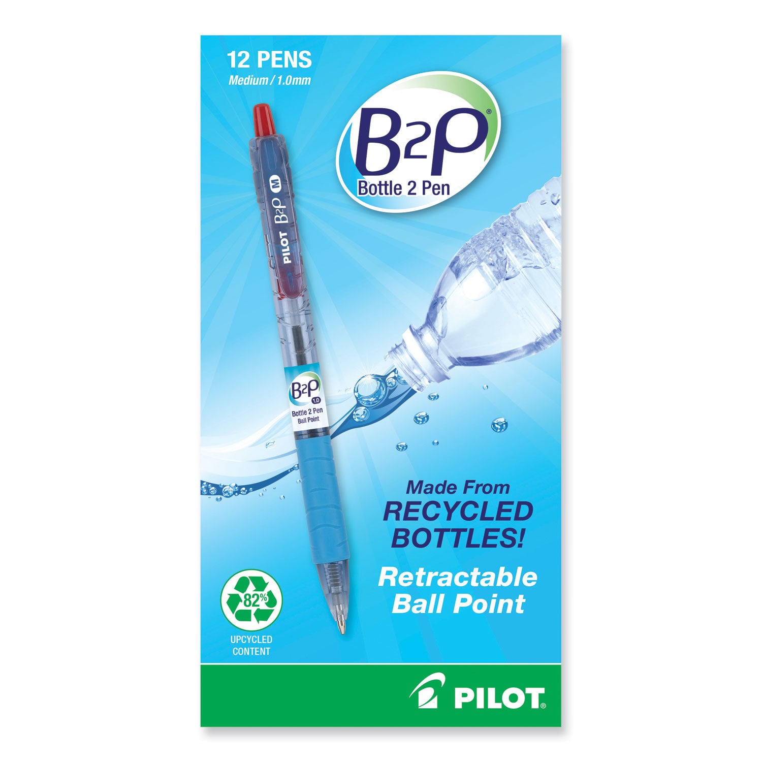 Pilot® B2P Bottle-2-Pen Recycled Ballpoint Pen, Retractable, Medium 1 mm, Red Ink, Translucent Blue Barrel, Dozen