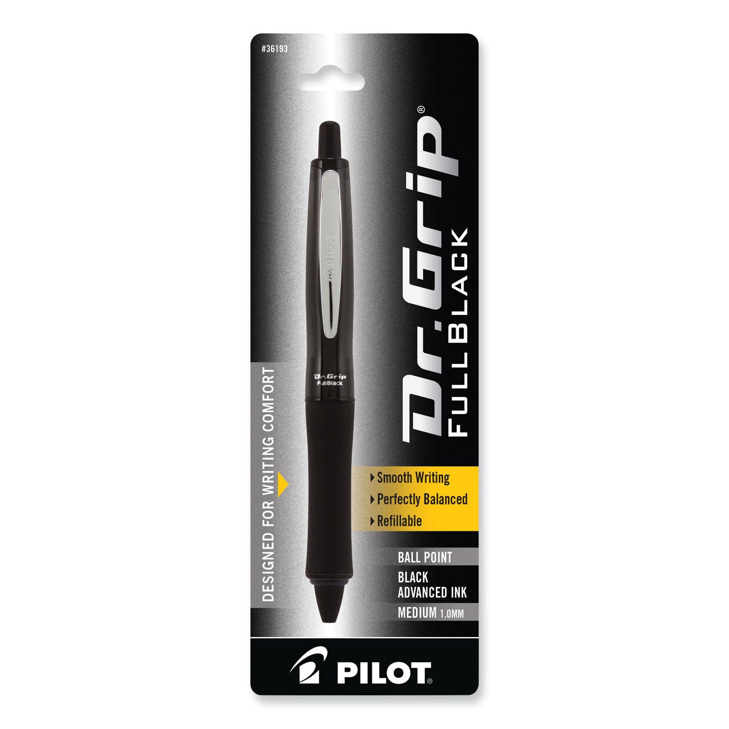 Pilot® Dr. Grip FullBlack Advanced Ink Ballpoint Pen, Retractable, Medium 1 mm, Black Ink, Black Barrel