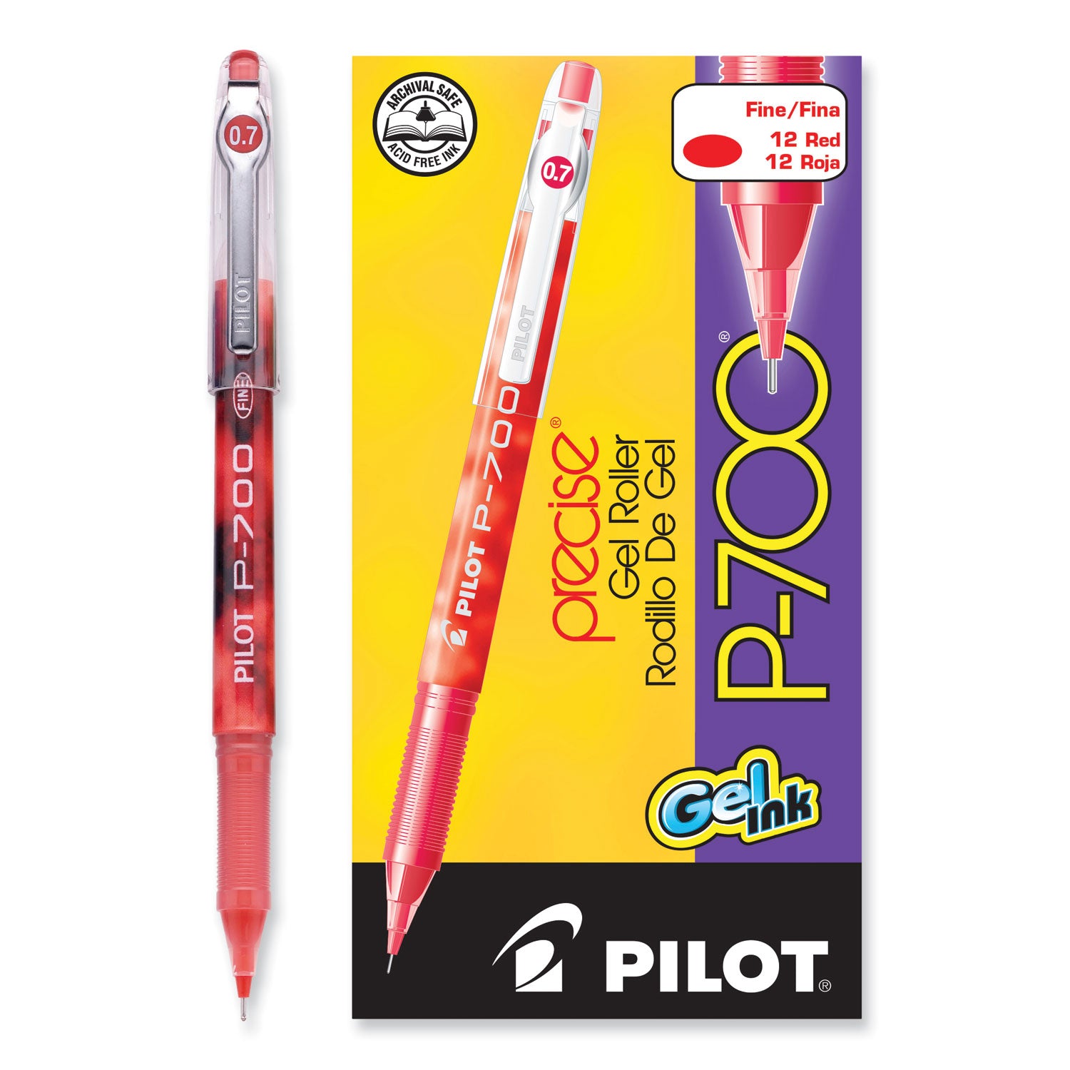 Pilot® Precise P-700 Gel Pen, Stick, Fine 0.7 mm, Red Ink, Red Barrel, Dozen