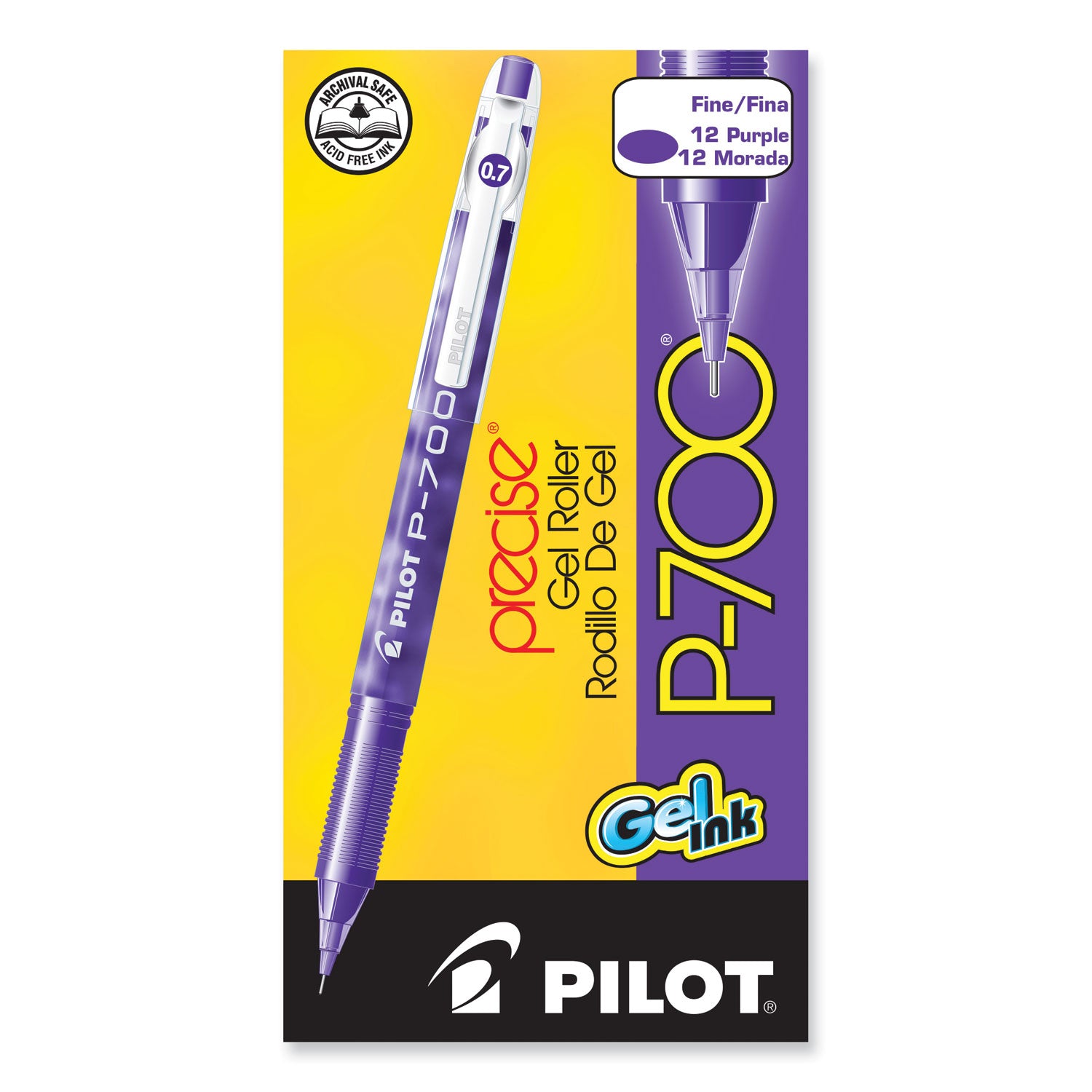 Pilot® Precise P-700 Gel Pen, Stick, Fine 0.7 mm, Purple Ink, Purple Barrel, Dozen