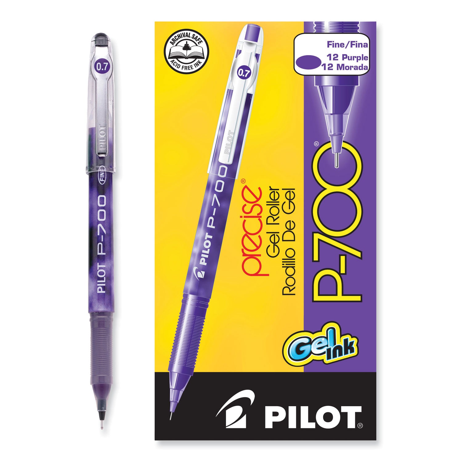 Pilot® Precise P-700 Gel Pen, Stick, Fine 0.7 mm, Purple Ink, Purple Barrel, Dozen