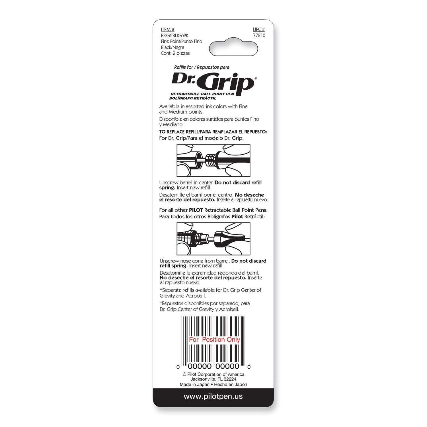 Pilot® Refill for Dr. Grip, Easytouch, The Better, B2P and Rex Grip BeGreen Ballpoint Pens, Fine Conical Tip, Black Ink, 2/Pack