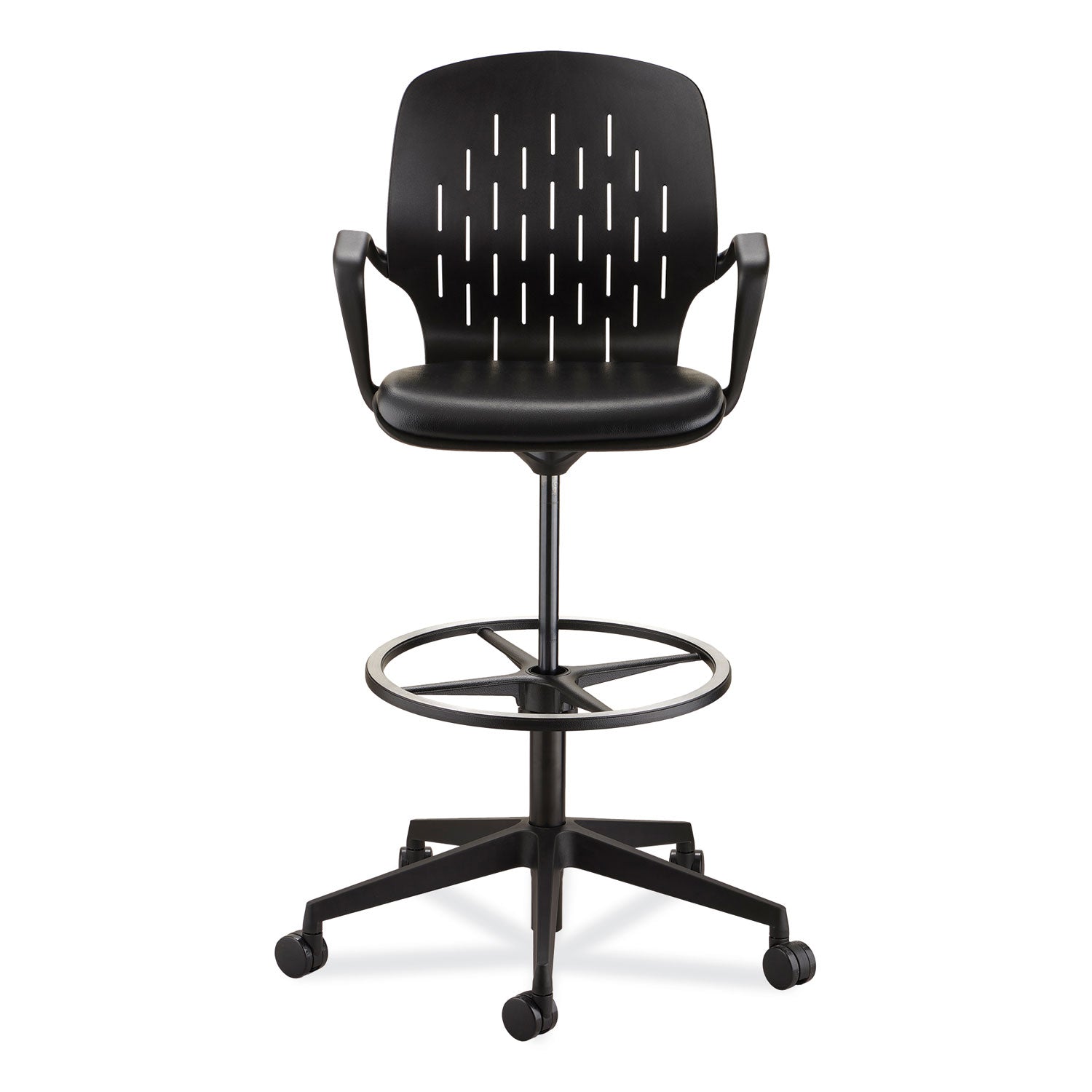 Safco® Shell Extended-Height Chair, Supports Up to 275 lb, 22" to 32" Seat Height, Black Seat, Black Back, Black Base