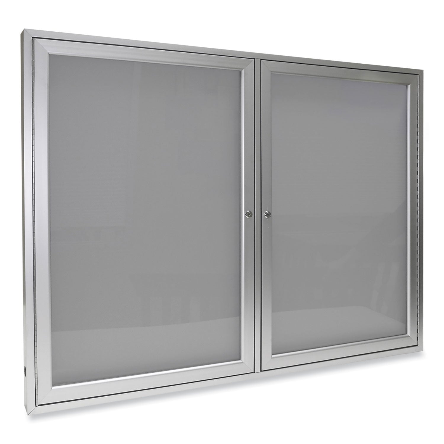 2 Door Enclosed Vinyl Bulletin Board with Satin Aluminum Frame, 48 x 36, Silver Surface