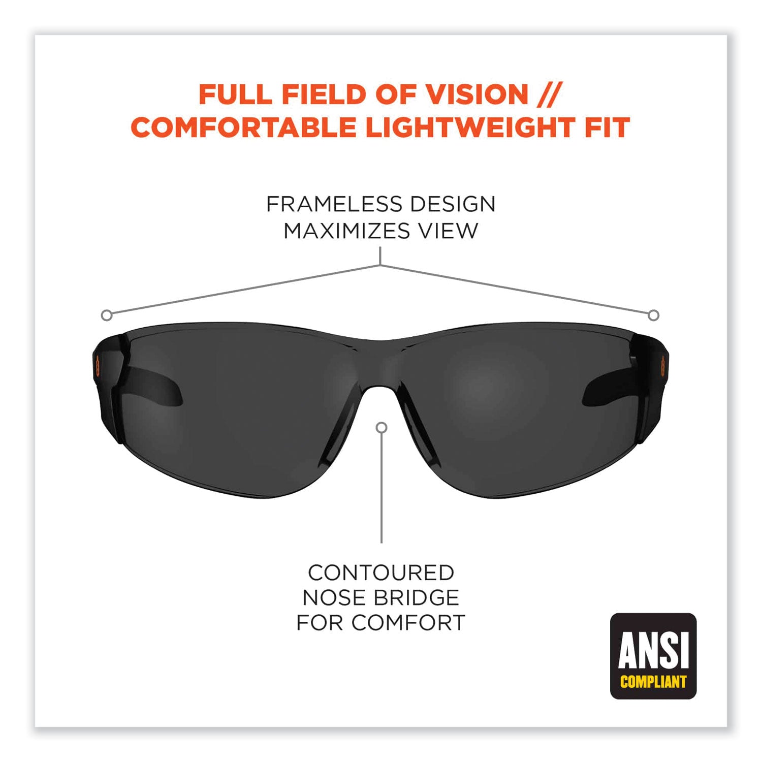 Ergodyne® Skullerz Saga Frameless Safety Glasses, Black Nylon Impact Frame, Anti-Fog Smoke Polycarbonate Lens