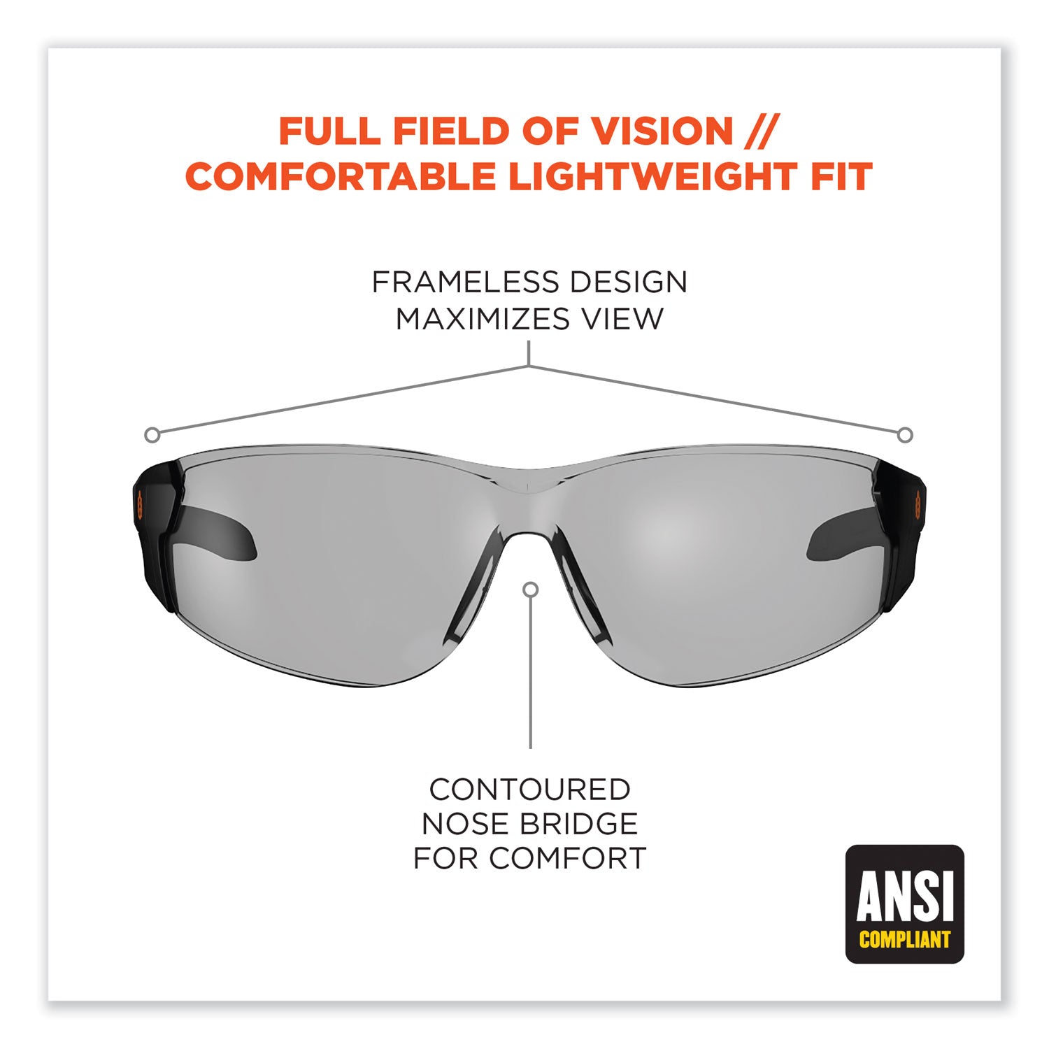 Ergodyne® Skullerz Saga Frameless Safety Glasses, Black Nylon Impact Frame, Anti-Fog Indoor/Outdoor Polycarbonate Lens