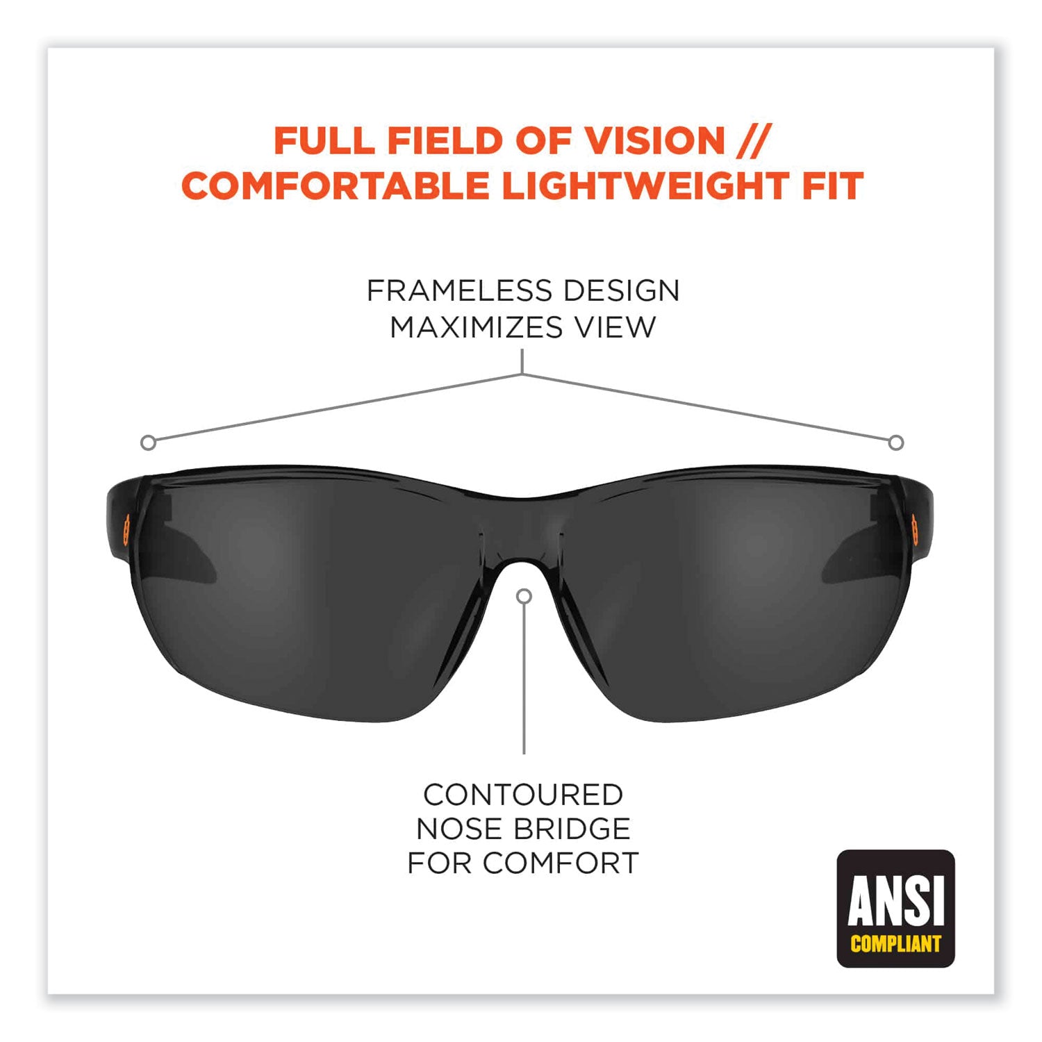 Ergodyne® Skullerz Vali Frameless Safety Glasses, Black Nylon Impact Frame, Anti-Fog Smoke, Polycarbonate Lens