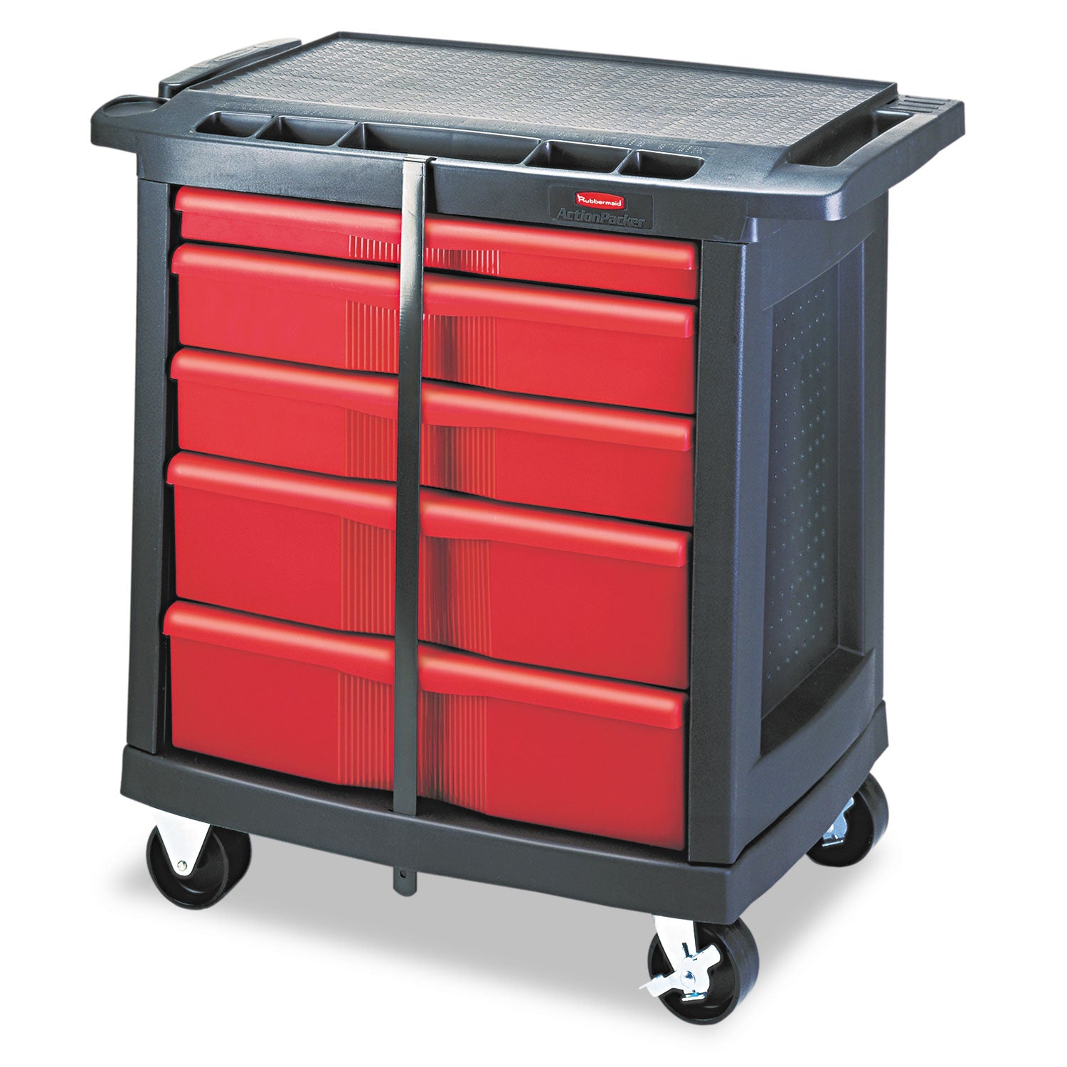 Rubbermaid® Commercial Five-Drawer Mobile Workcenter, 32.63w x 19.9d x 33.5h, Black Plastic Top