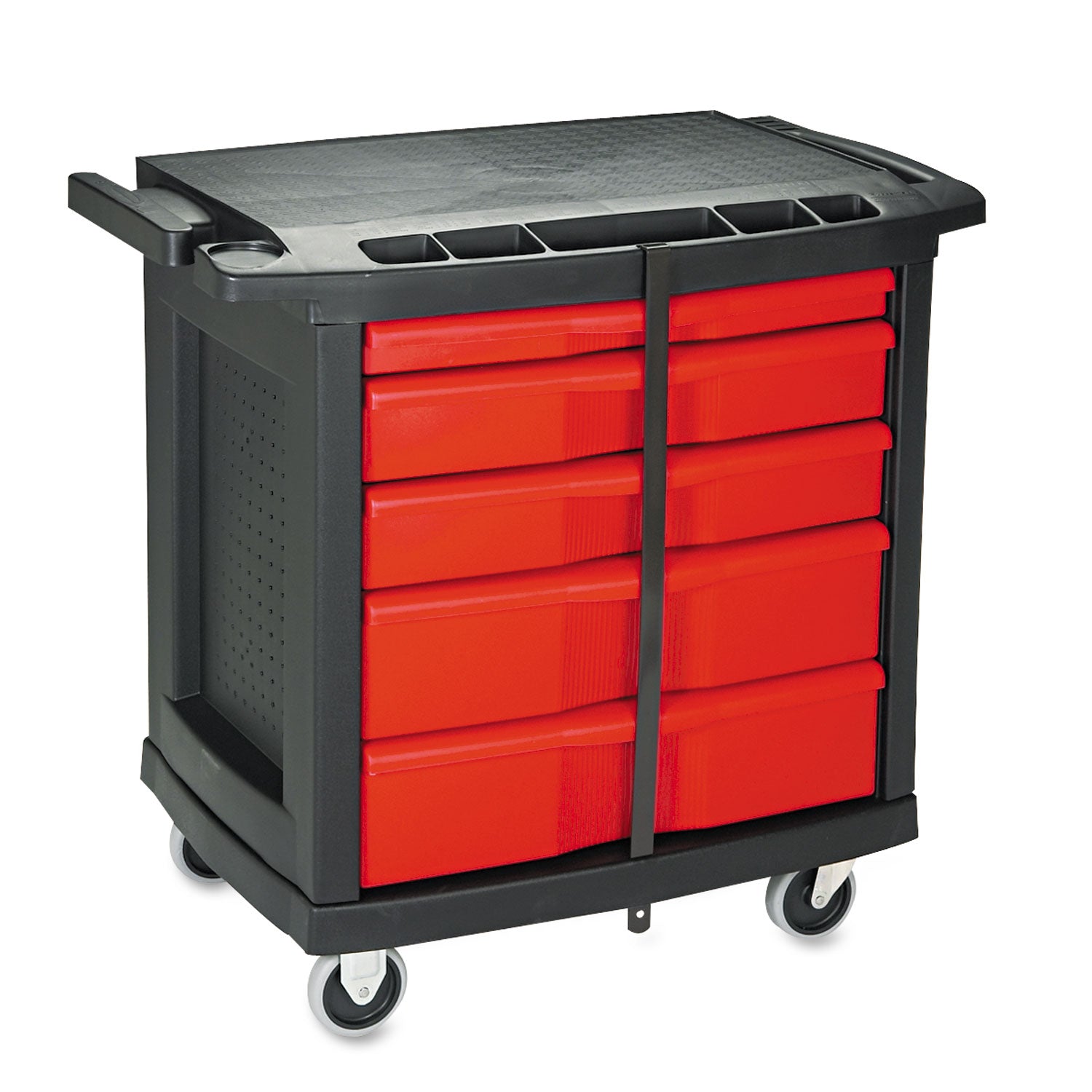 Rubbermaid® Commercial Five-Drawer Mobile Workcenter, 32.63w x 19.9d x 33.5h, Black Plastic Top