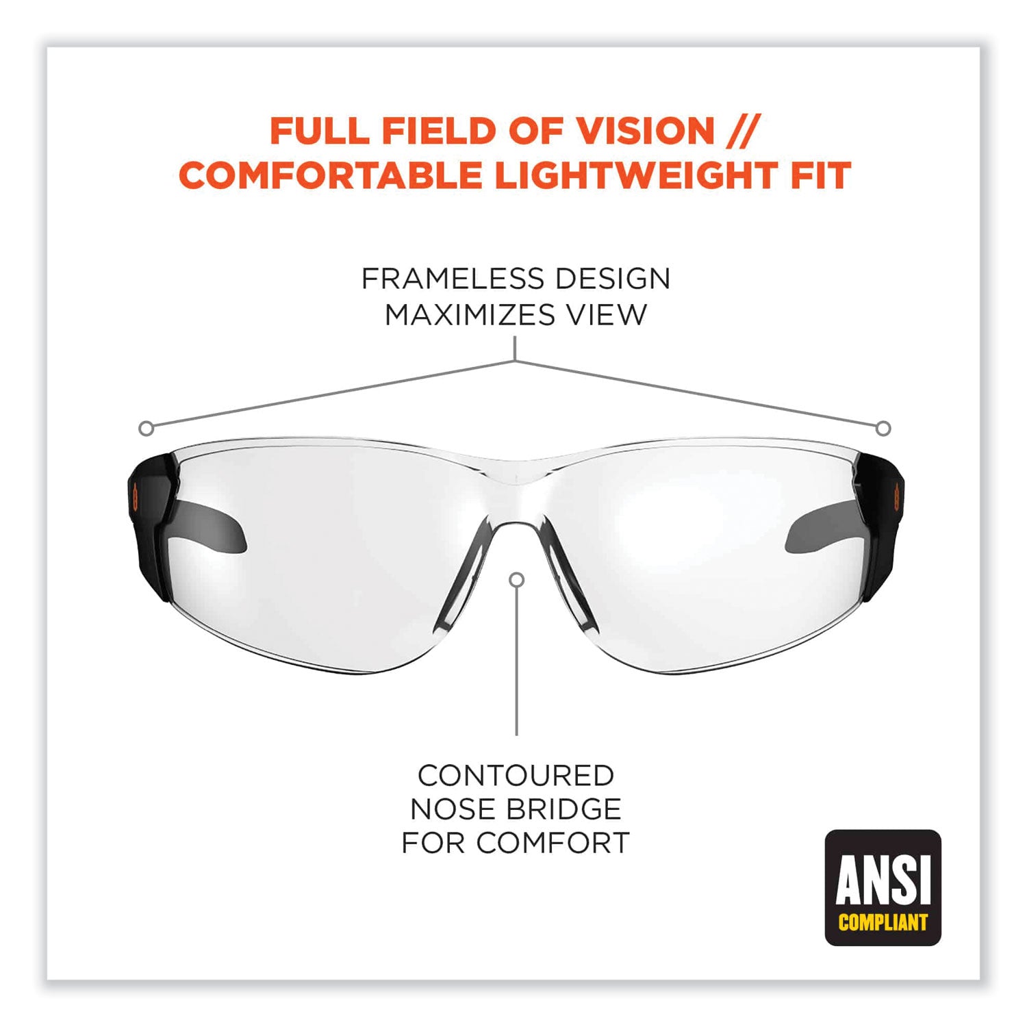 Ergodyne® Skullerz Saga Frameless Safety Glasses, Black Nylon Impact Frame, Anti-Fog Clear Polycarbonate Lens