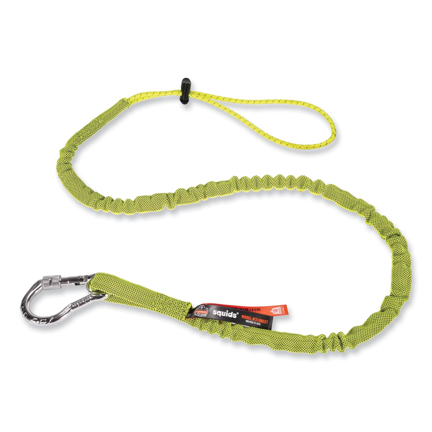 Squids 3100 Lanyard with Aluminum Carabiner + Cinch-Loop, 10 lb Max Working Capacity, 42" to 54" Long, Lime