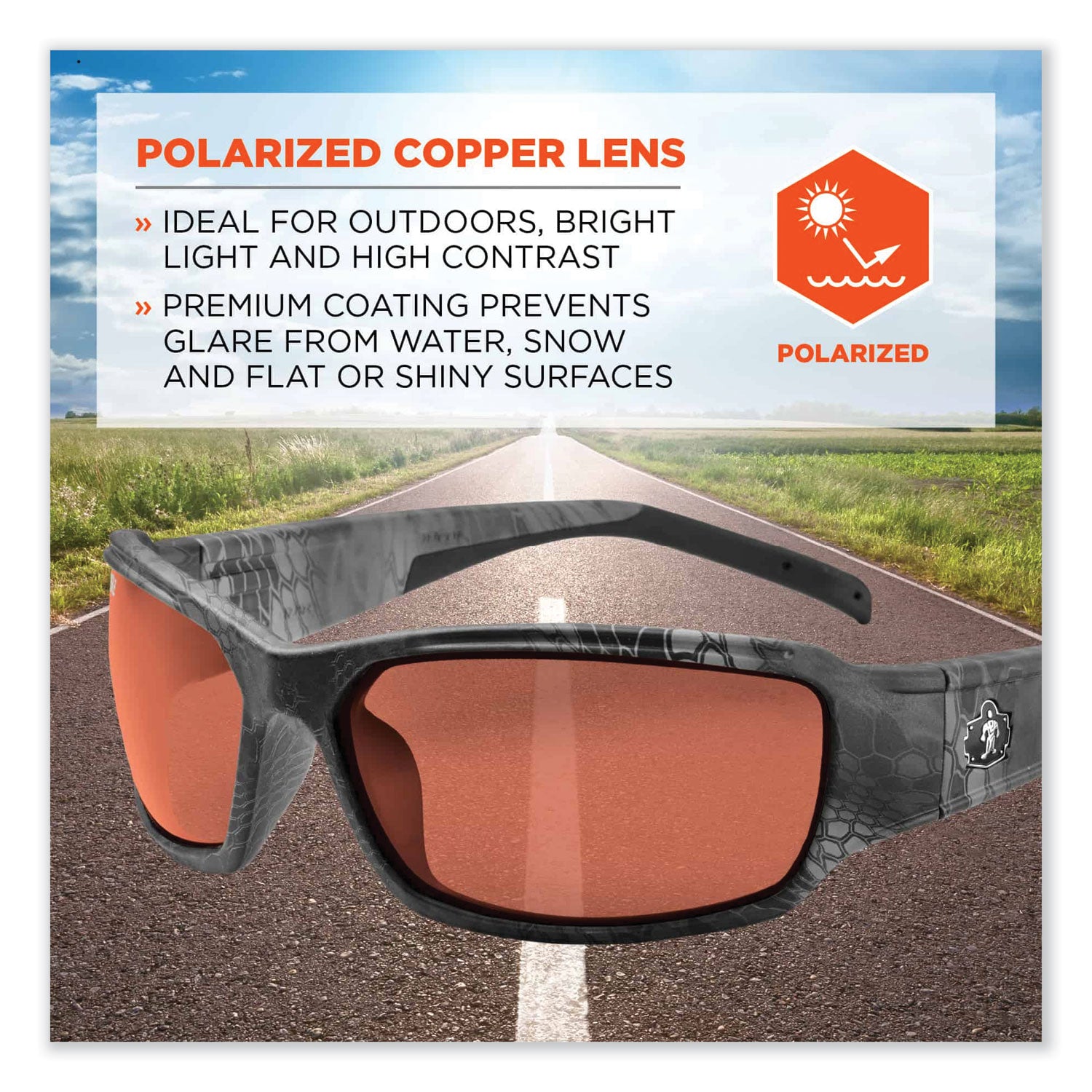 Ergodyne® Skullerz Thor Safety Glasses, Kryptek Tyhpon Nylon Impact Frame, Polarized Copper Polycarb Lens