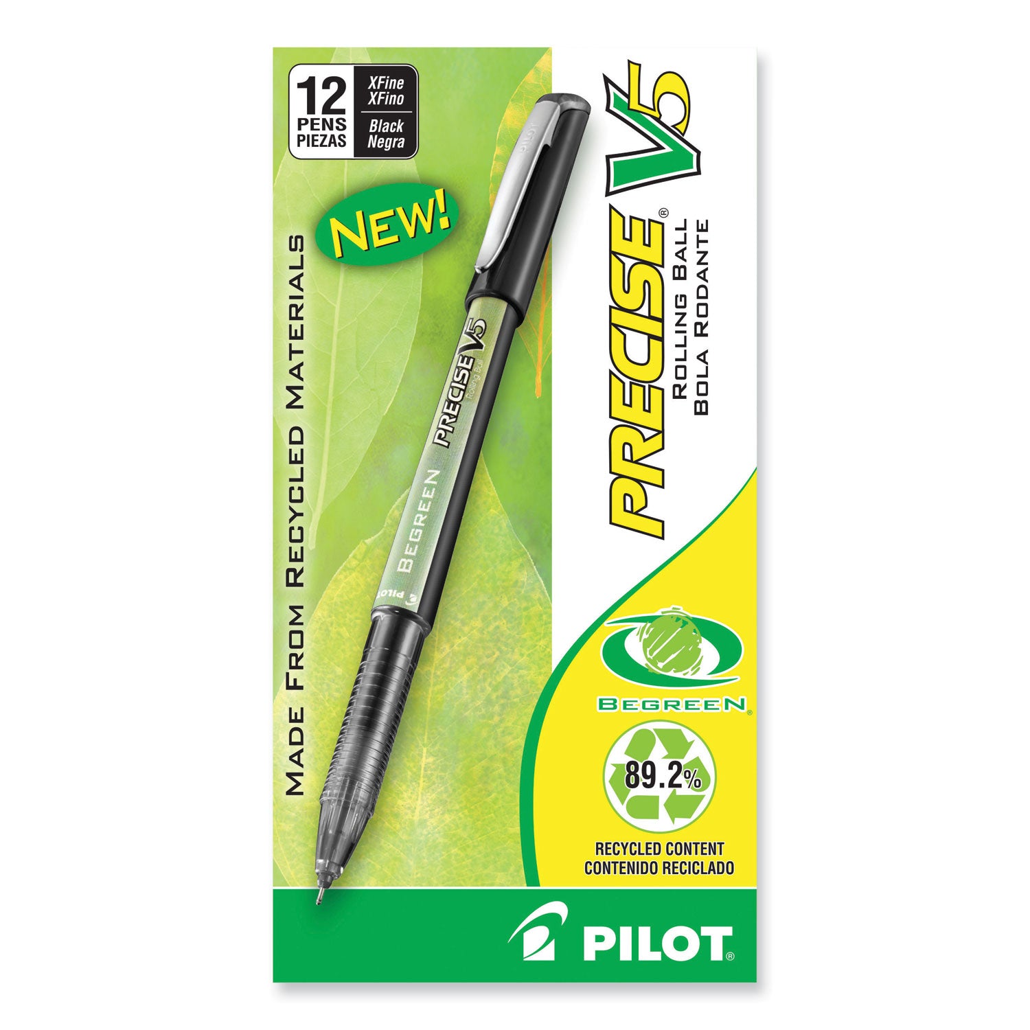 Pilot® Precise V5 BeGreen Roller Ball Pen, Stick, Extra-Fine 0.5 mm, Black Ink, Black Barrel, Dozen