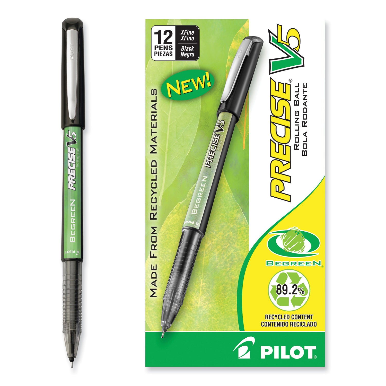 Pilot® Precise V5 BeGreen Roller Ball Pen, Stick, Extra-Fine 0.5 mm, Black Ink, Black Barrel, Dozen