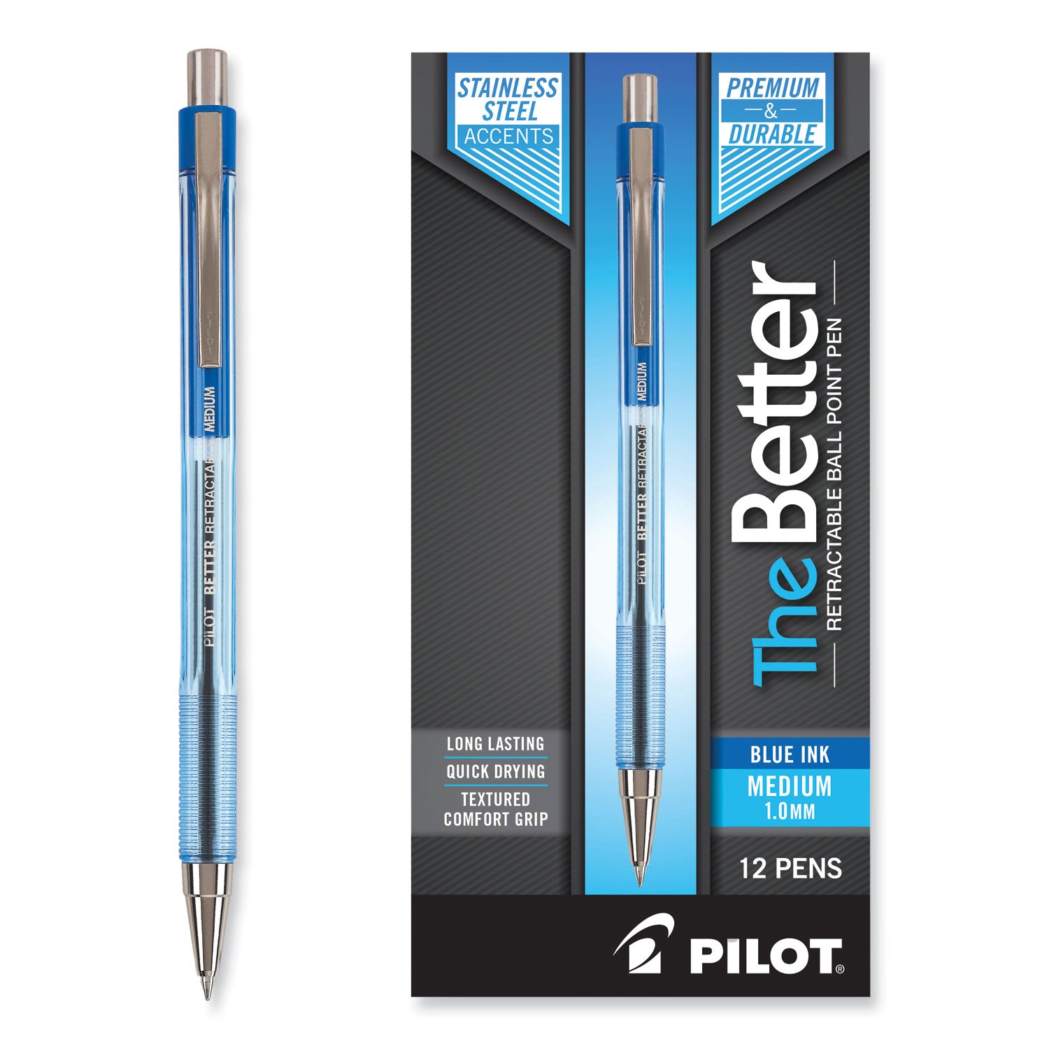 Pilot® Better Ballpoint Pen, Retractable, Medium 1 mm, Blue Ink, Translucent Blue Barrel, Dozen