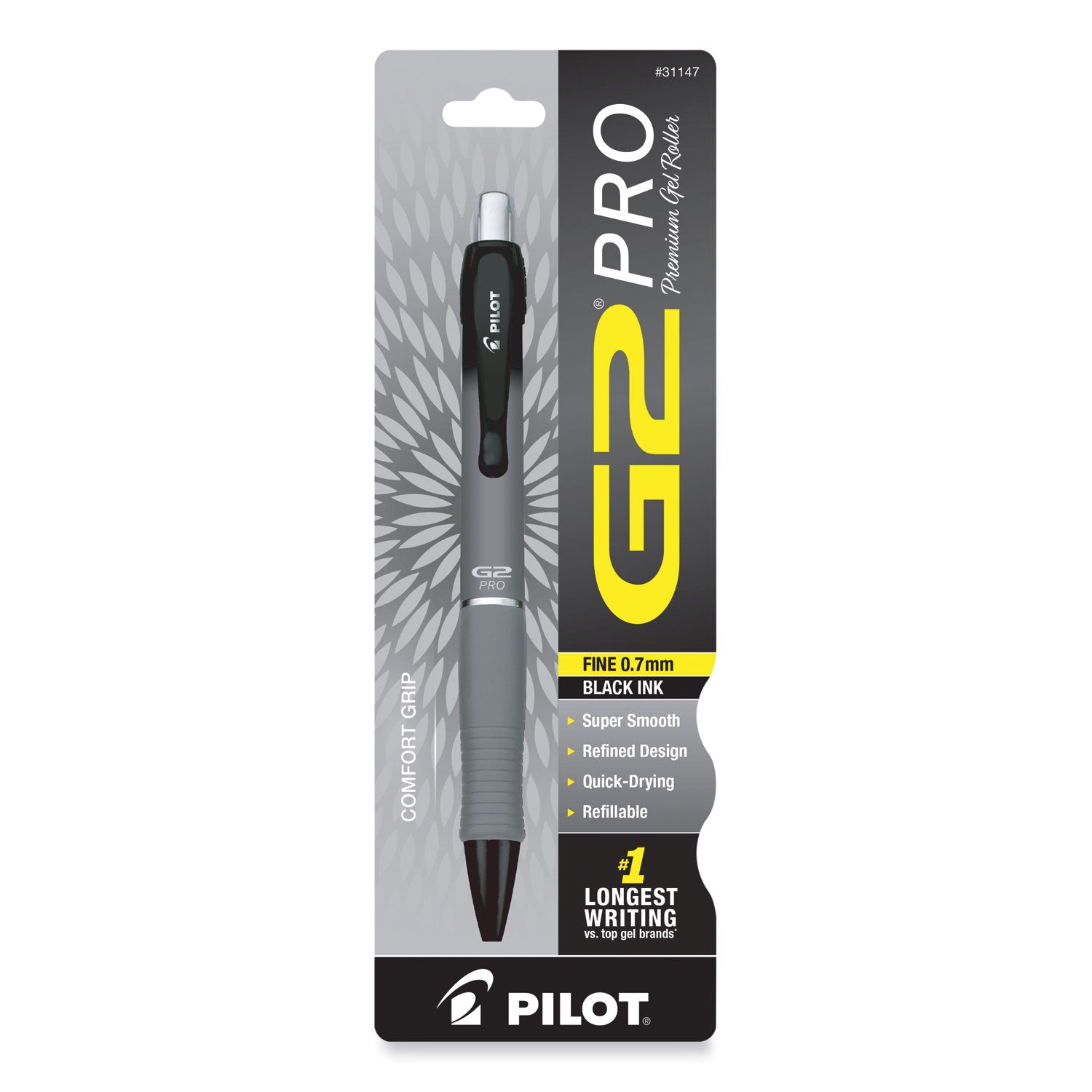 Pilot® G2 Pro Gel Pen, Retractable, Fine 0.7 mm, Black Ink, Gray Barrel