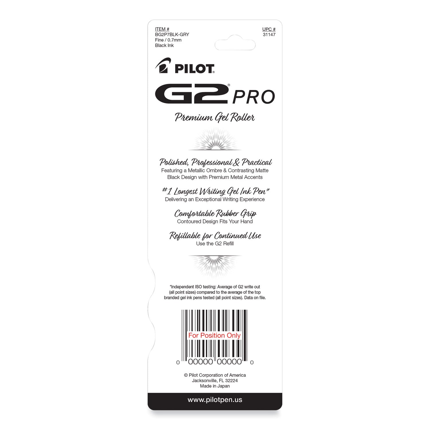 G2 Pro Gel Pen, Retractable, Fine 0.7 mm, Black Ink, Gray Barrel