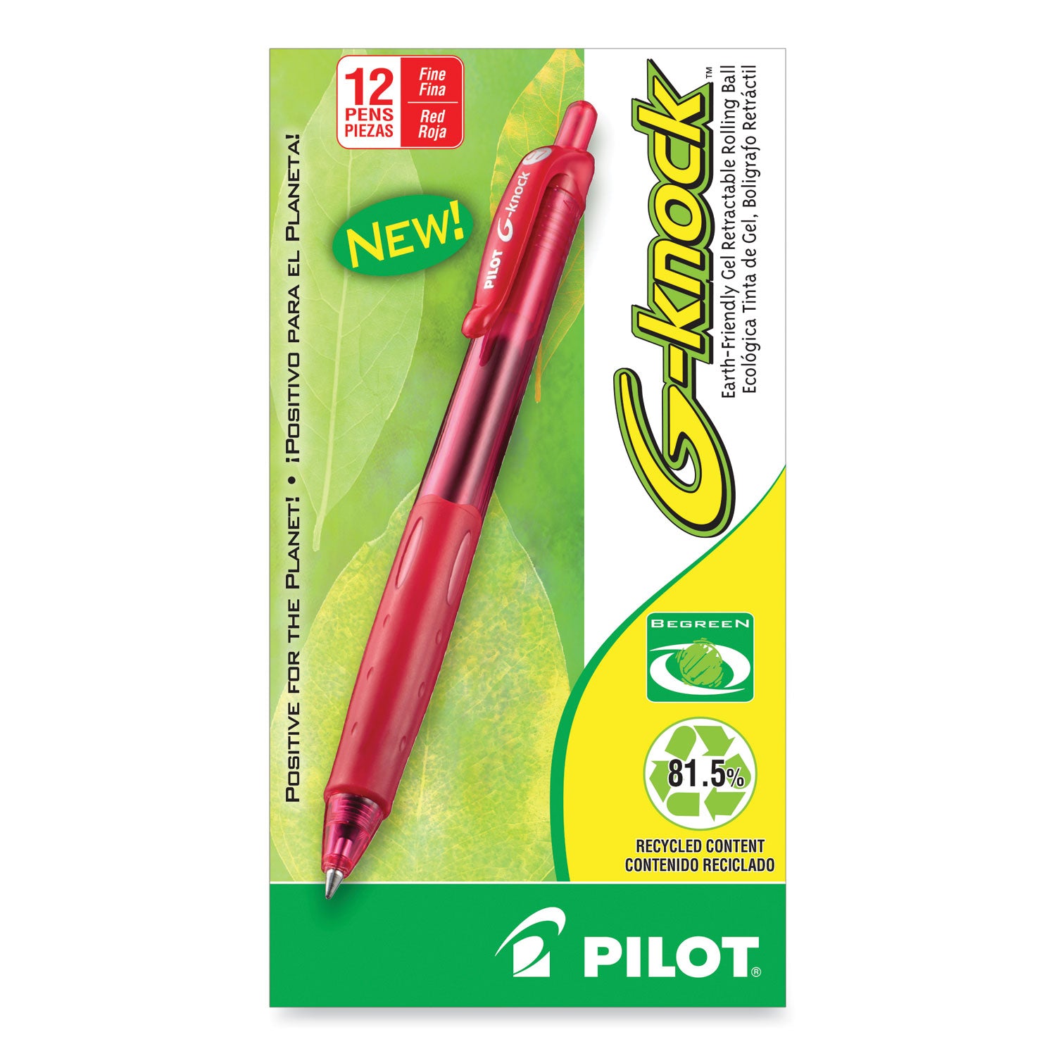 Pilot® G-Knock BeGreen Gel Pen, Retractable, Fine 0.7 mm, Red Ink, Translucent Red/Red Barrel, Dozen