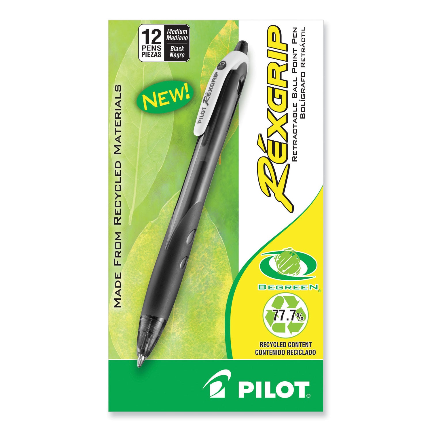 Pilot® RexGrip BeGreen Ballpoint Pen, Retractable, Medium 1 mm, Black Ink, Smoke/Black Barrel, Dozen