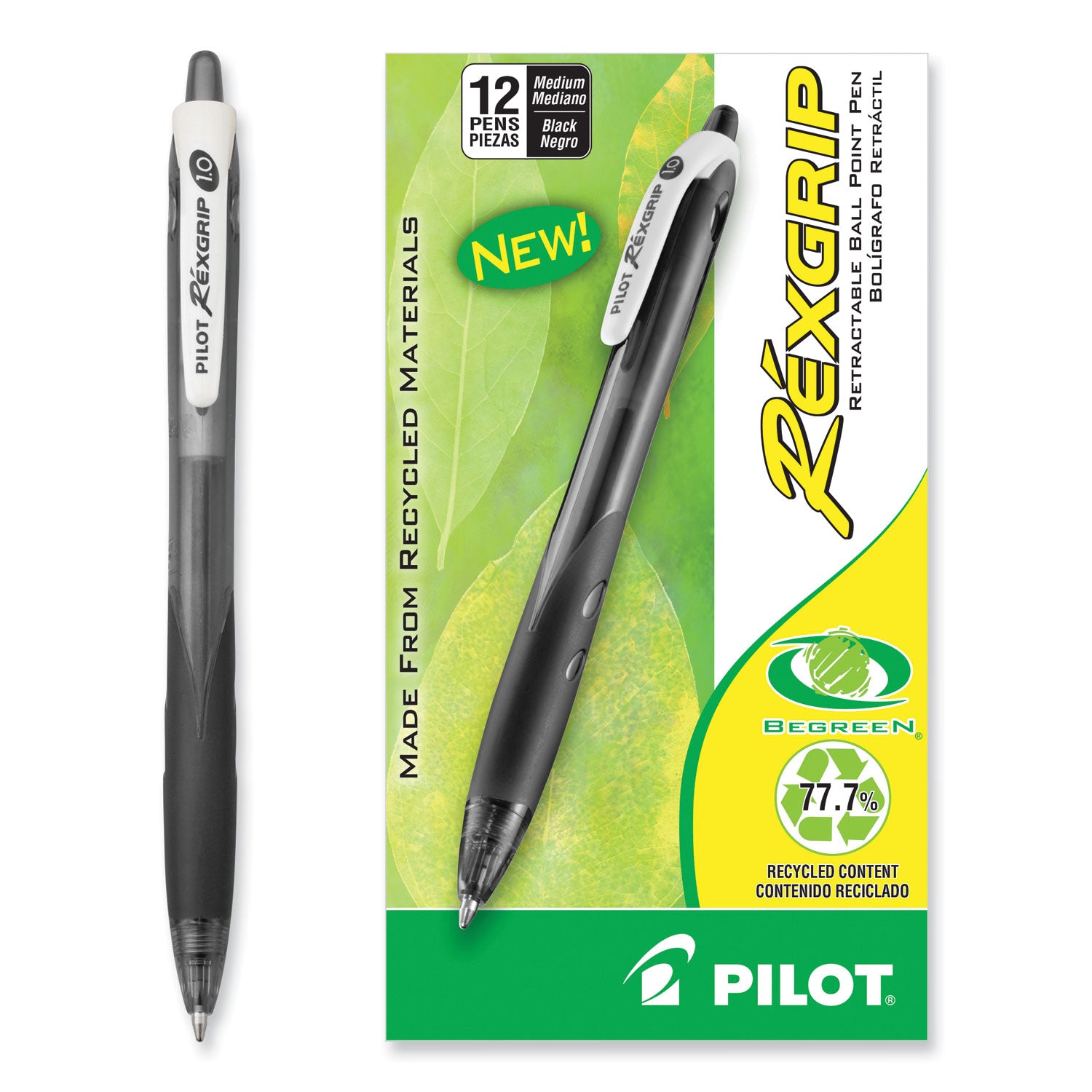 Pilot® RexGrip BeGreen Ballpoint Pen, Retractable, Medium 1 mm, Black Ink, Smoke/Black Barrel, Dozen