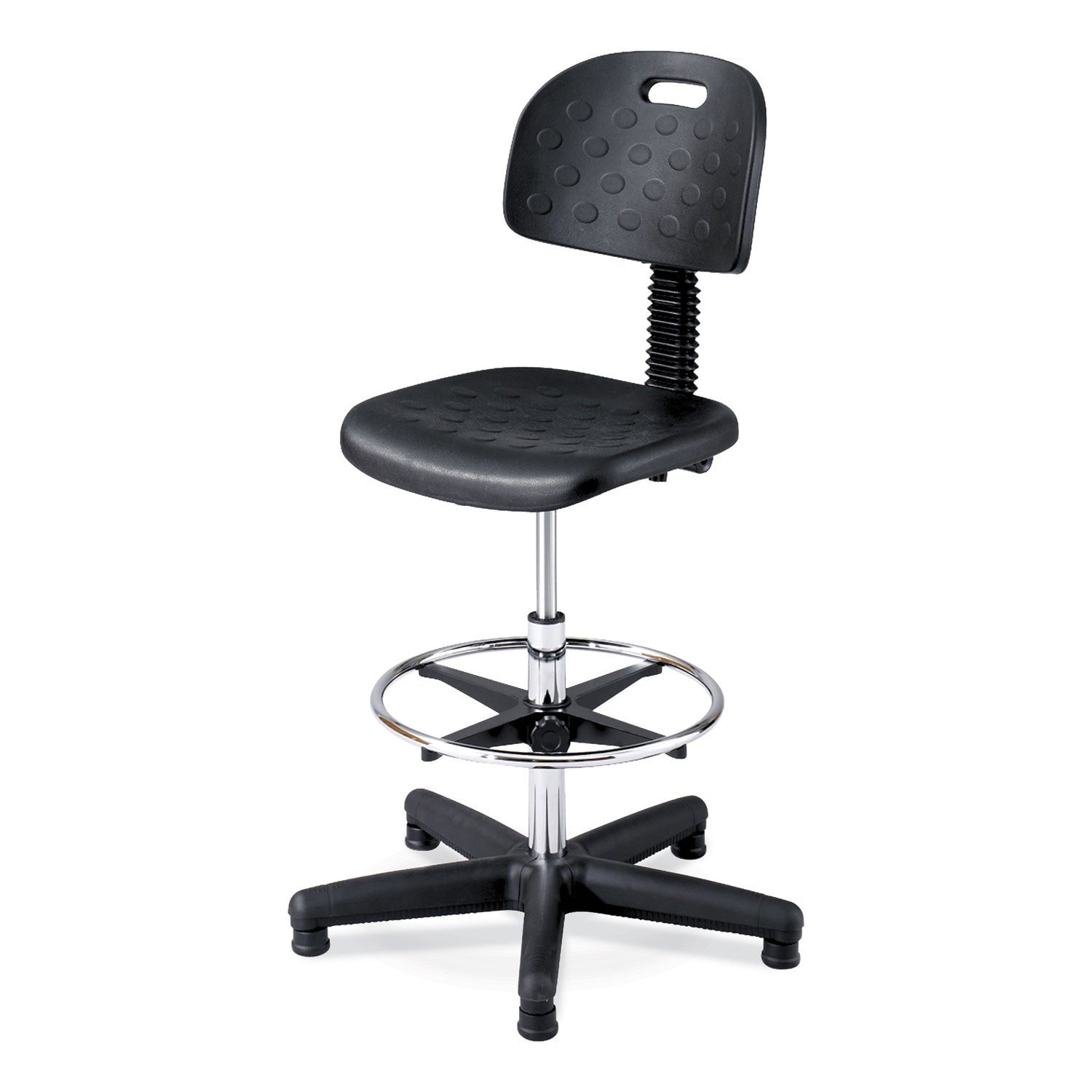 Safco® Soft Tough Deluxe Workbench Chair, Supports Up to 250 lb, 22" to 32" Seat Height, Black Seat, Black/Silver Base