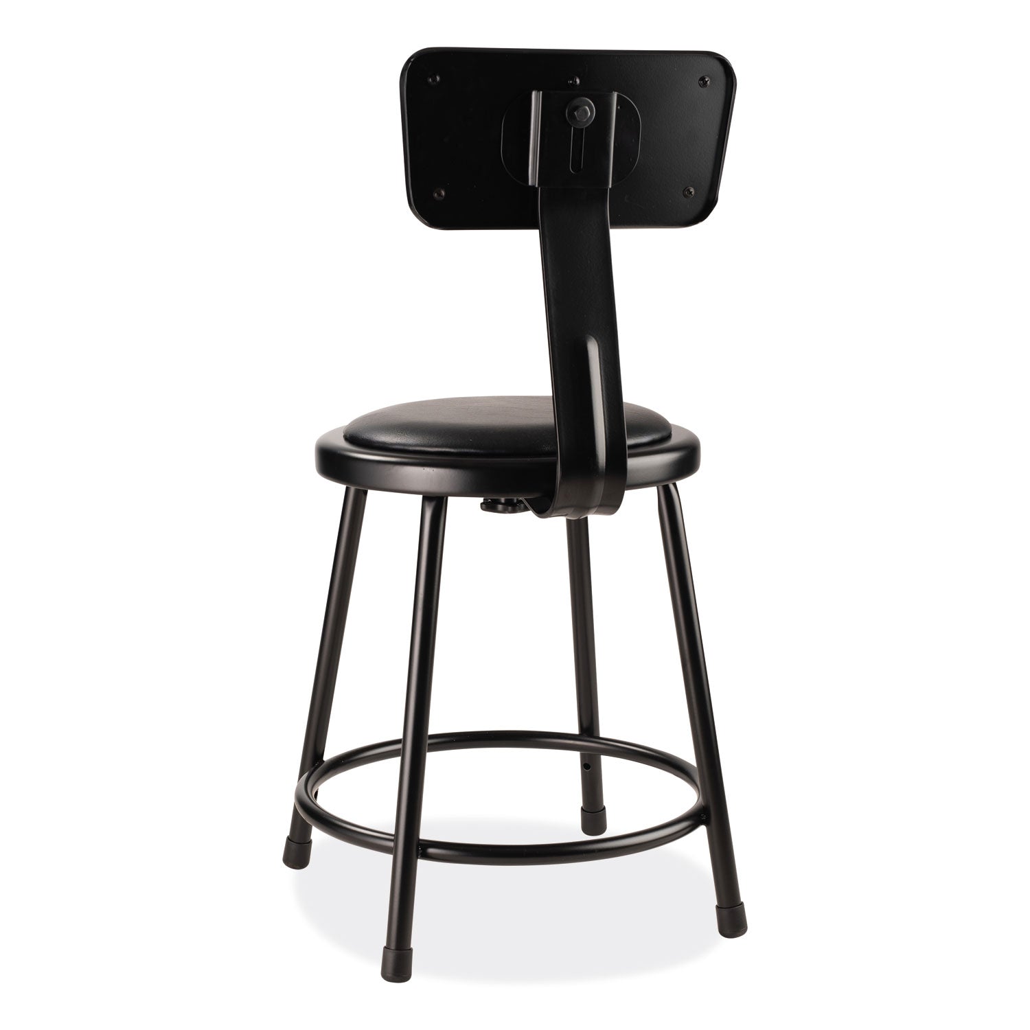 NPS® 6400 Series Heavy Duty Vinyl Padded Stool with Backrest, Supports 300 lb, 18" Seat Height, Black Seat, Black Back, Black Base